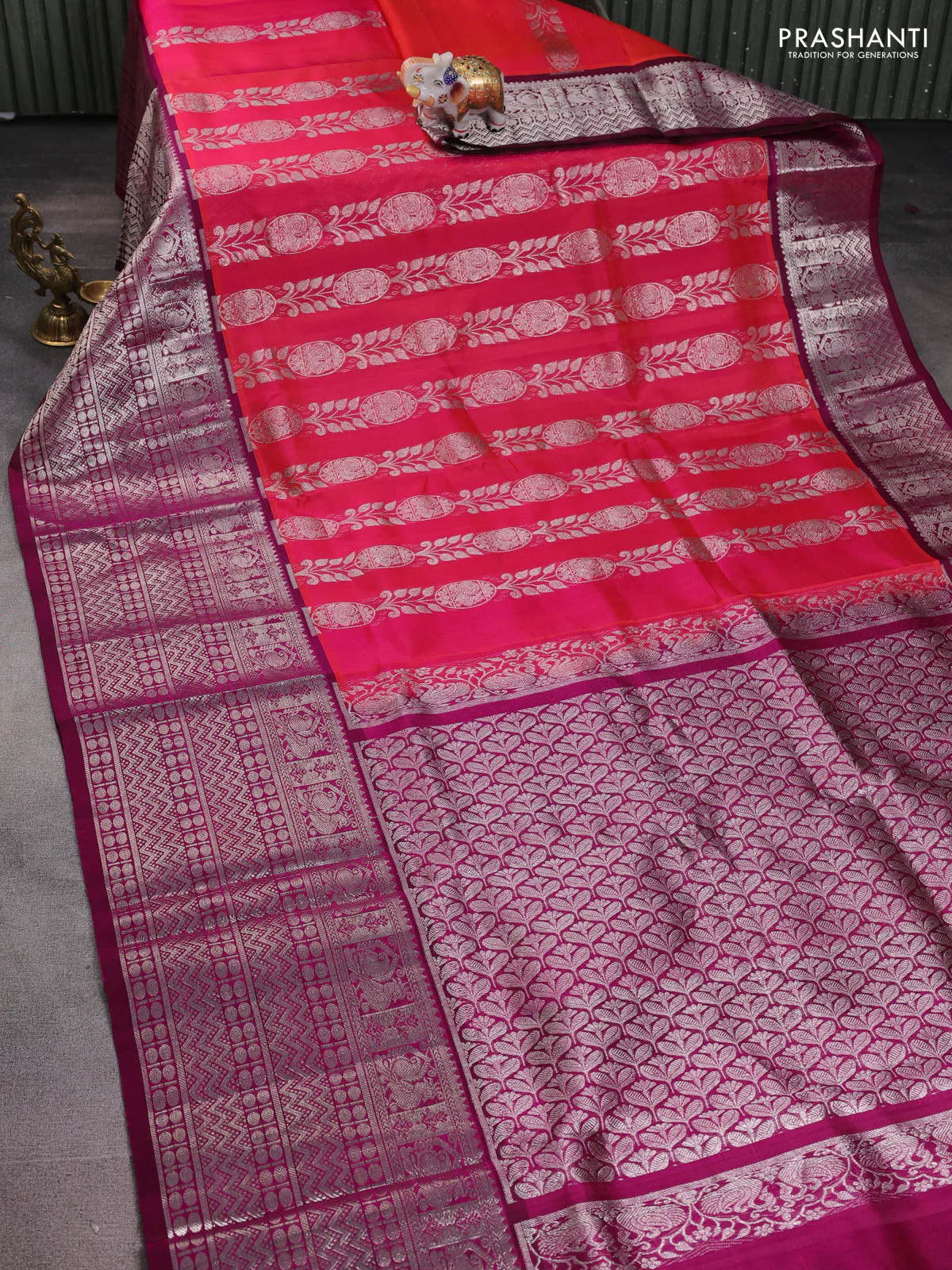 Venkatagiri silk saree pink and purple with allover silver zari weaves and long silver zari woven border - Image 2