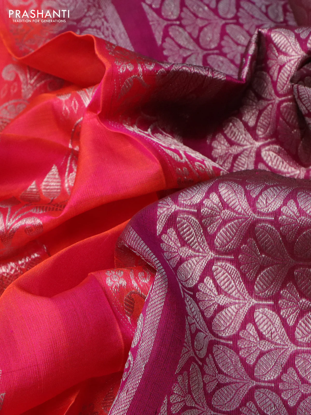Venkatagiri silk saree pink and purple with allover silver zari weaves and long silver zari woven border - Image 3