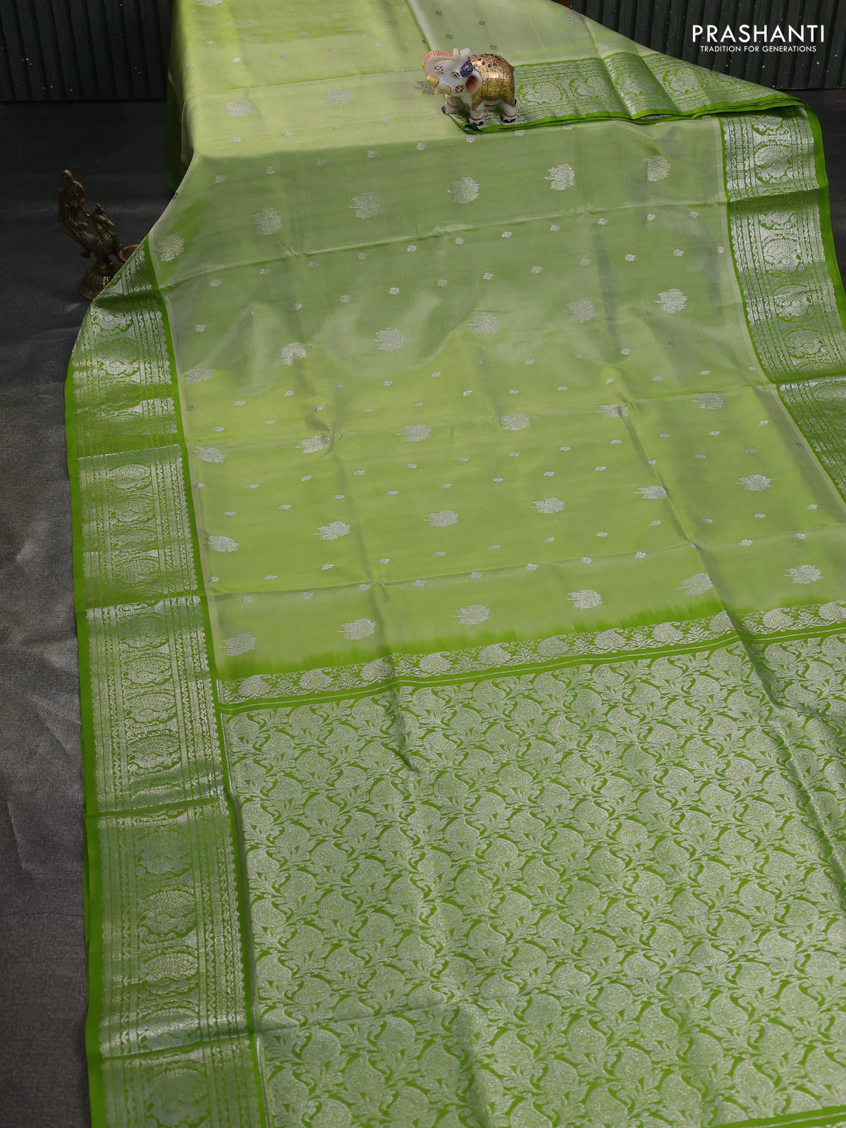Venkatagiri silk saree pista green and light green with silver zari woven buttas and silver zari woven border - Image 2