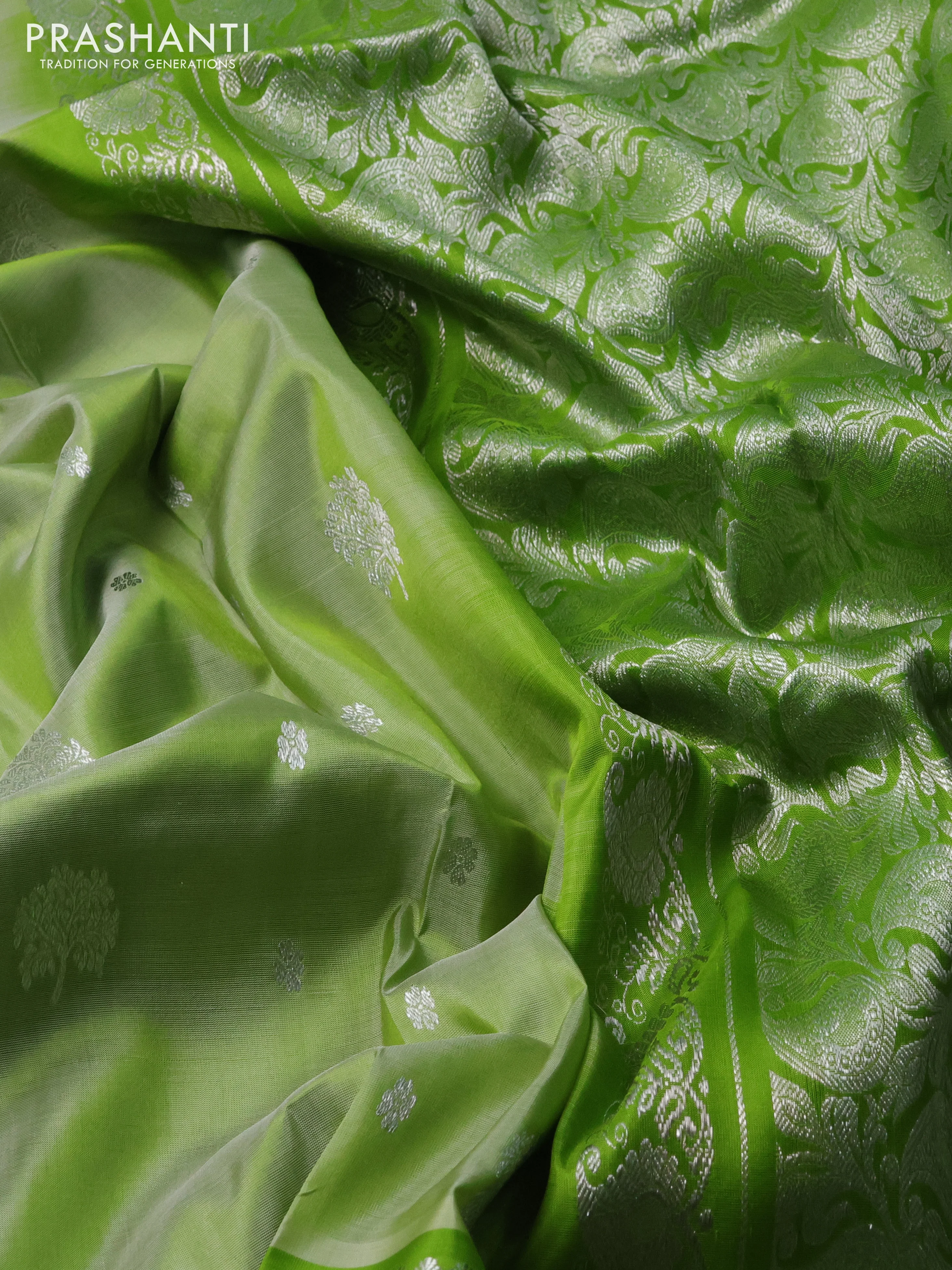 Venkatagiri silk saree pista green and light green with silver zari woven buttas and silver zari woven border - Image 3