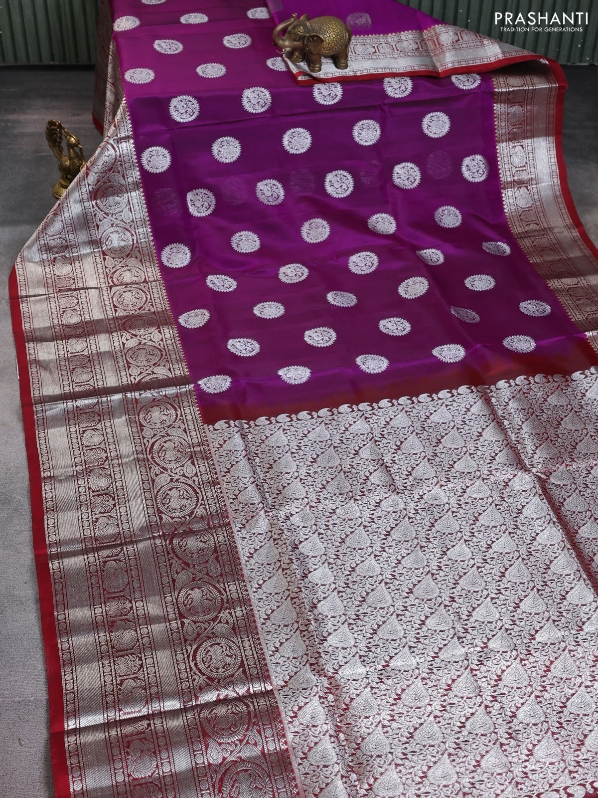 Venkatagiri silk saree purple and maroon with silver zari woven buttas and long silver zari woven border - Image 2