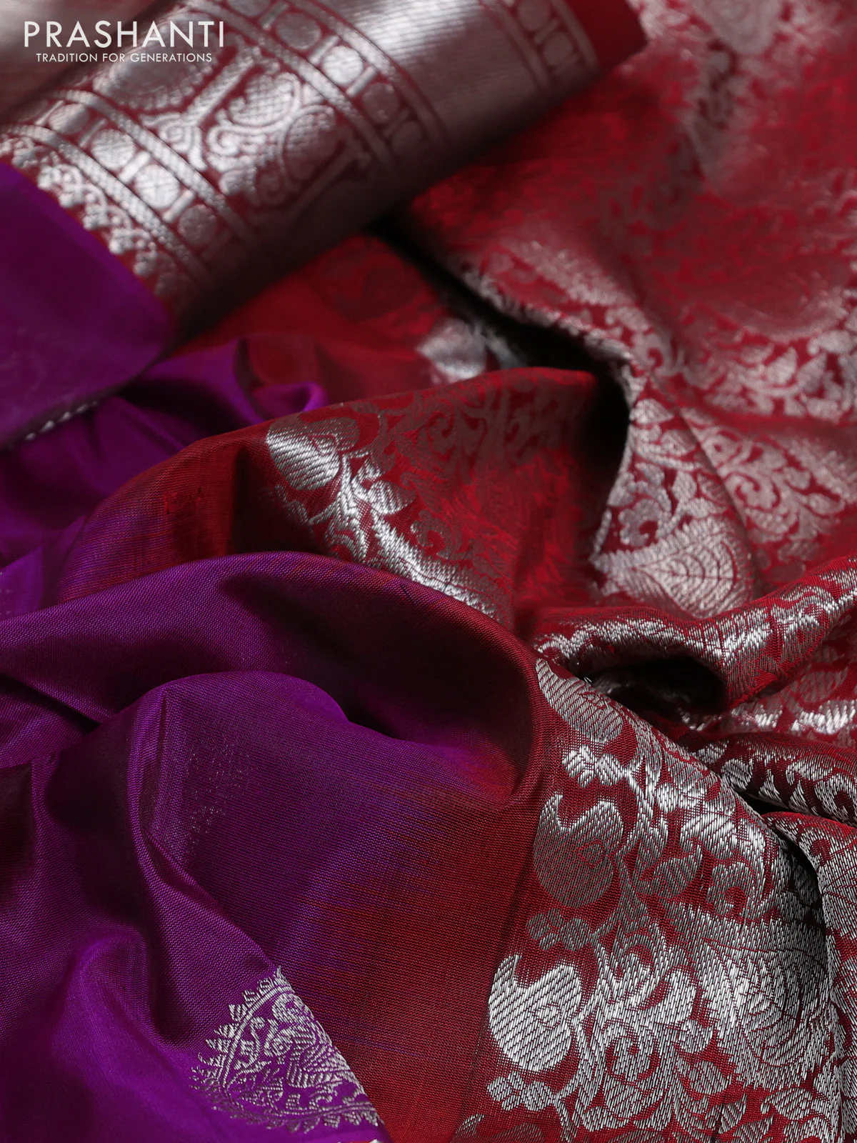 Venkatagiri silk saree purple and maroon with silver zari woven buttas and long silver zari woven border - Image 3