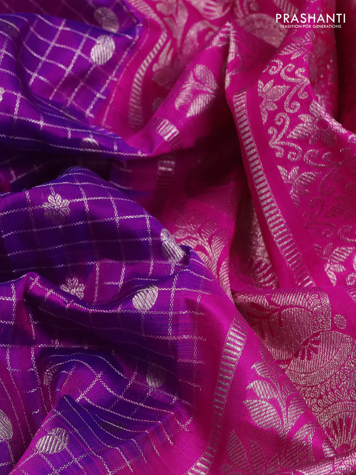 Venkatagiri silk saree purple and pink with allover silver zari checks & buttas and long silver zari woven border - Image 3