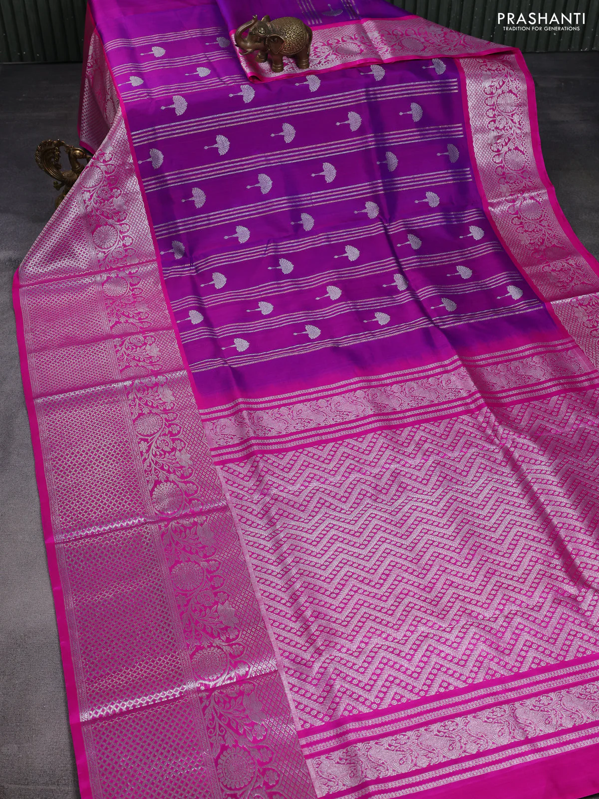 Venkatagiri silk saree purple and pink with allover silver zari weaves & buttas and long silver zari woven border - Image 2