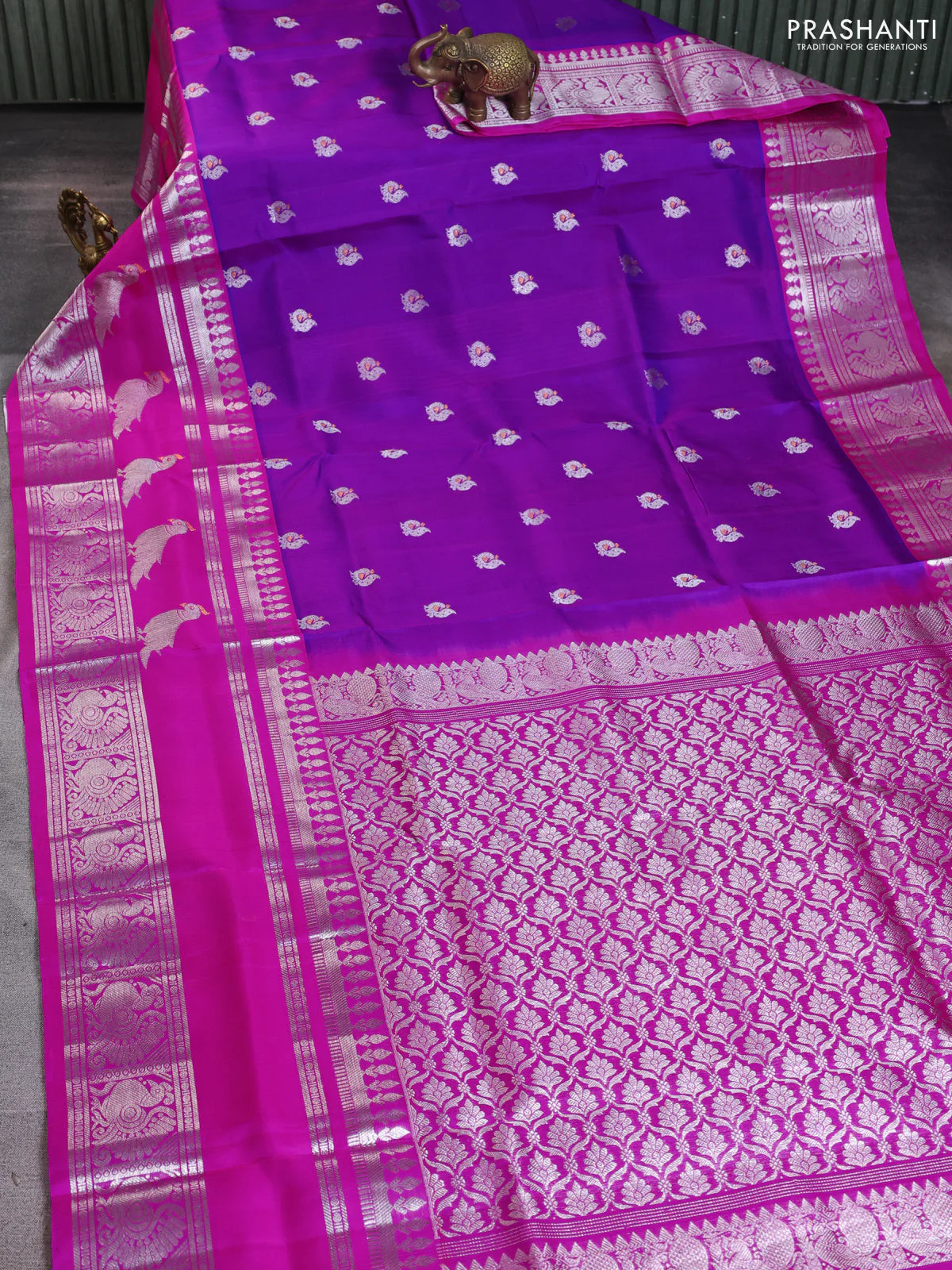 Venkatagiri silk saree purple and pink with silver zari woven buttas and long silver zari woven border - Image 2