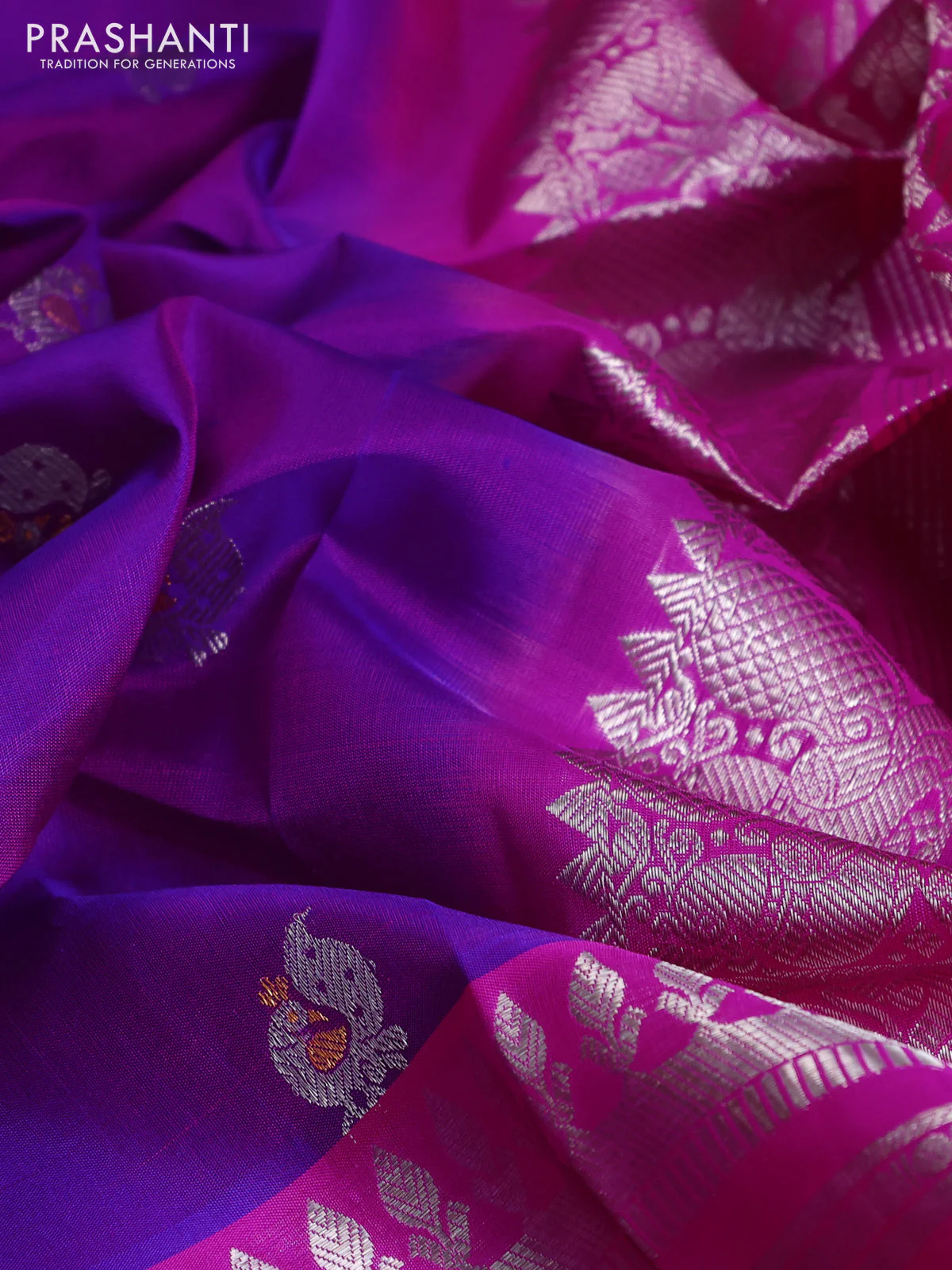 Venkatagiri silk saree purple and pink with silver zari woven buttas and long silver zari woven border - Image 3