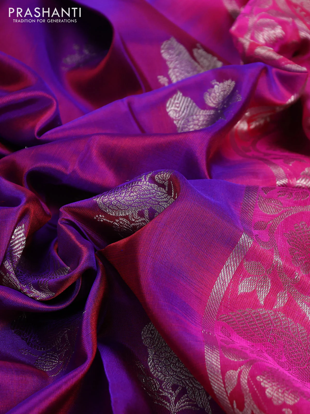 Venkatagiri silk saree purple and pink with silver zari woven buttas and silver zari woven border - Image 3