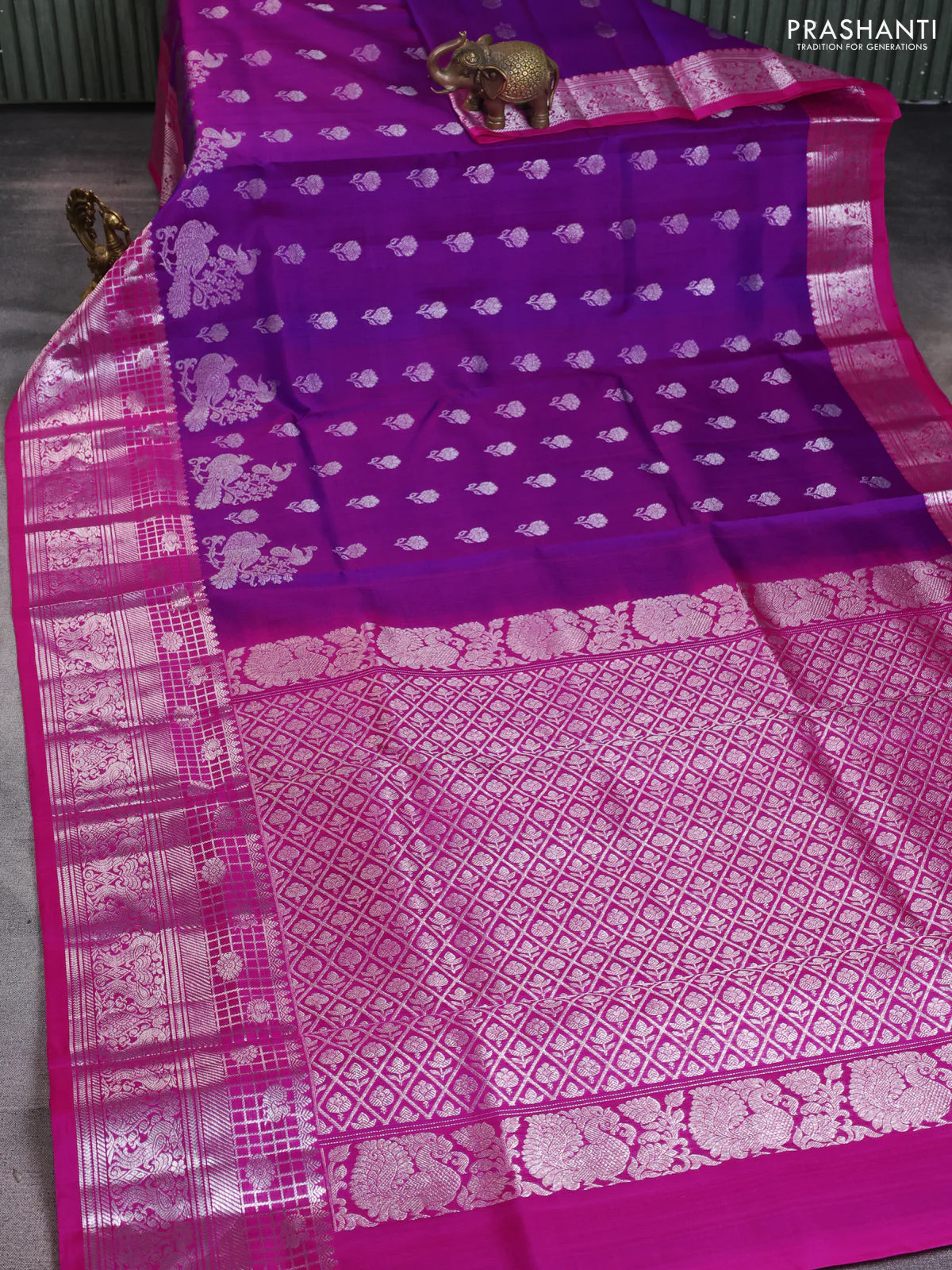 Venkatagiri silk saree purple and pink with silver zari woven buttas and silver zari woven border - Image 2