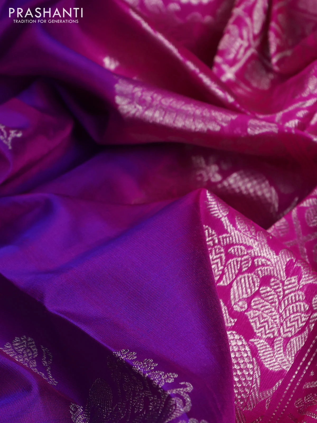 Venkatagiri silk saree purple and pink with silver zari woven buttas and silver zari woven border - Image 3