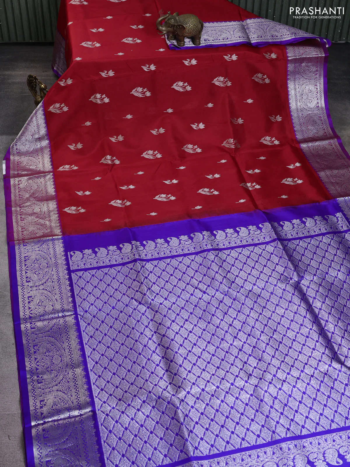 Venkatagiri silk saree red and blue with silver zari woven buttas and silver zari woven border - Image 2
