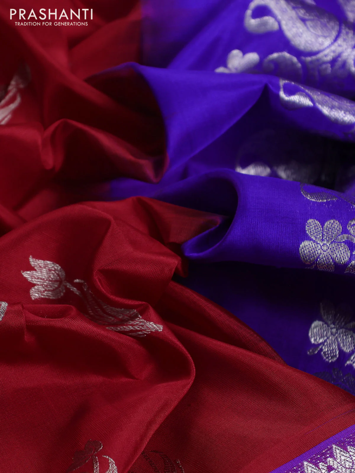 Venkatagiri silk saree red and blue with silver zari woven buttas and silver zari woven border - Image 3