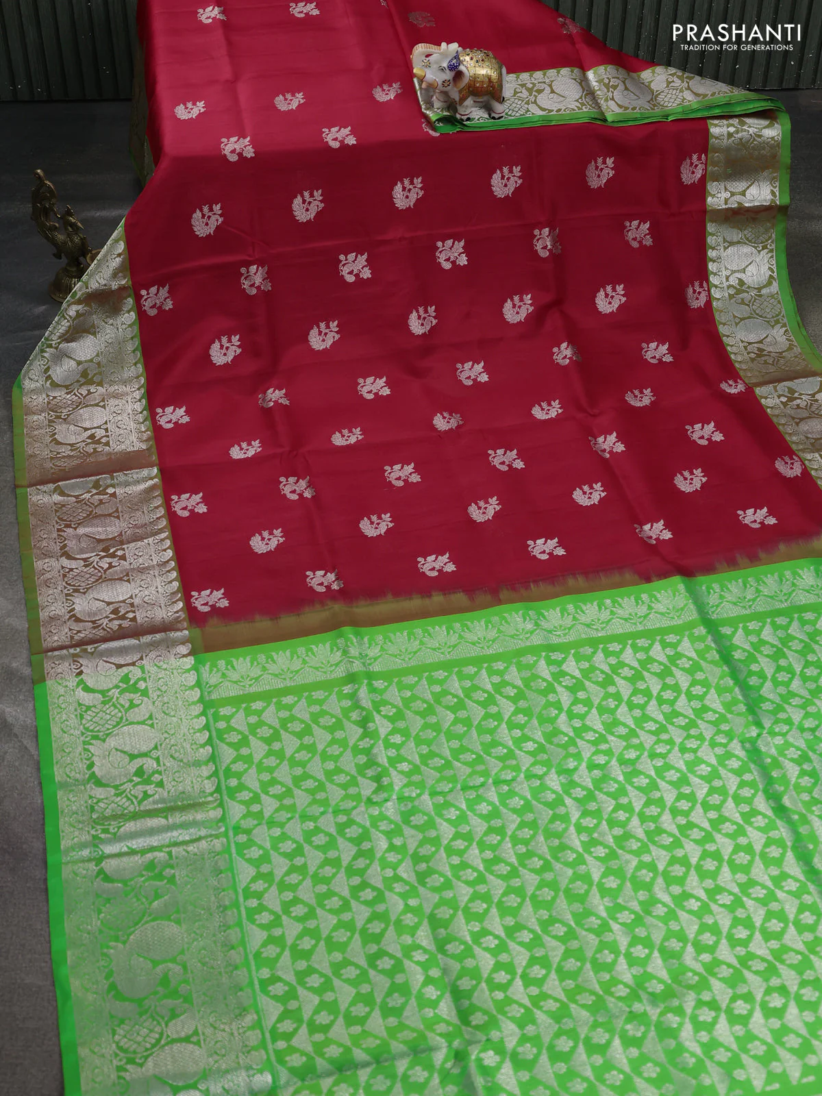 Venkatagiri silk saree red and light green with allover silver zari woven buttas and silver zari woven annam border - Image 2