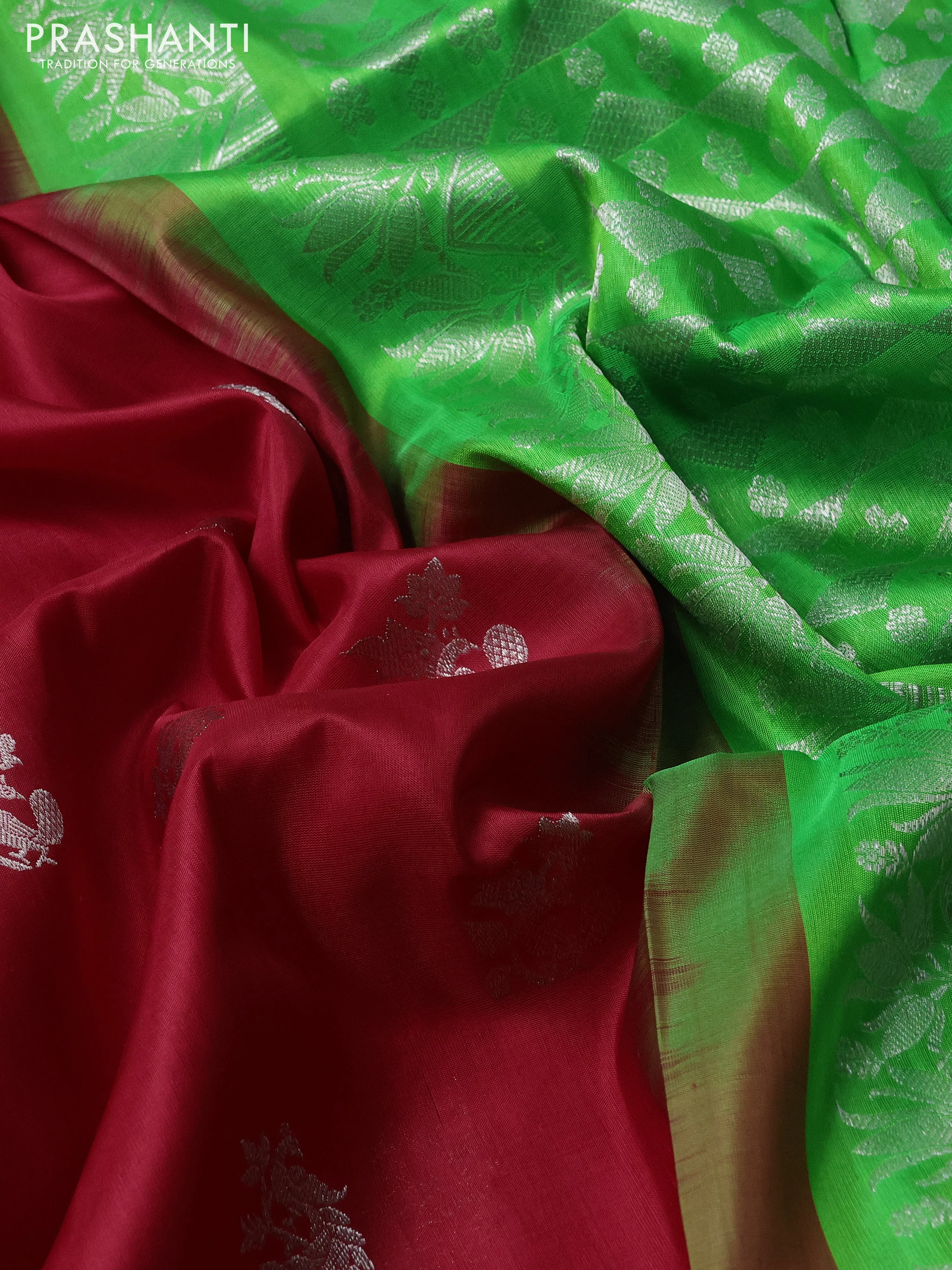 Venkatagiri silk saree red and light green with allover silver zari woven buttas and silver zari woven annam border - Image 3
