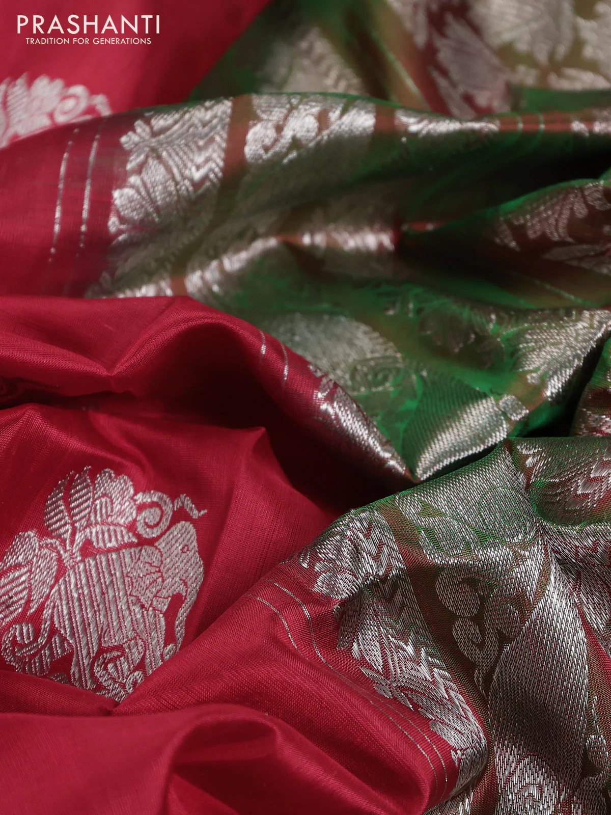 Venkatagiri silk saree red and manthulir green with silver zari woven buttas and silver zari woven border - Image 3