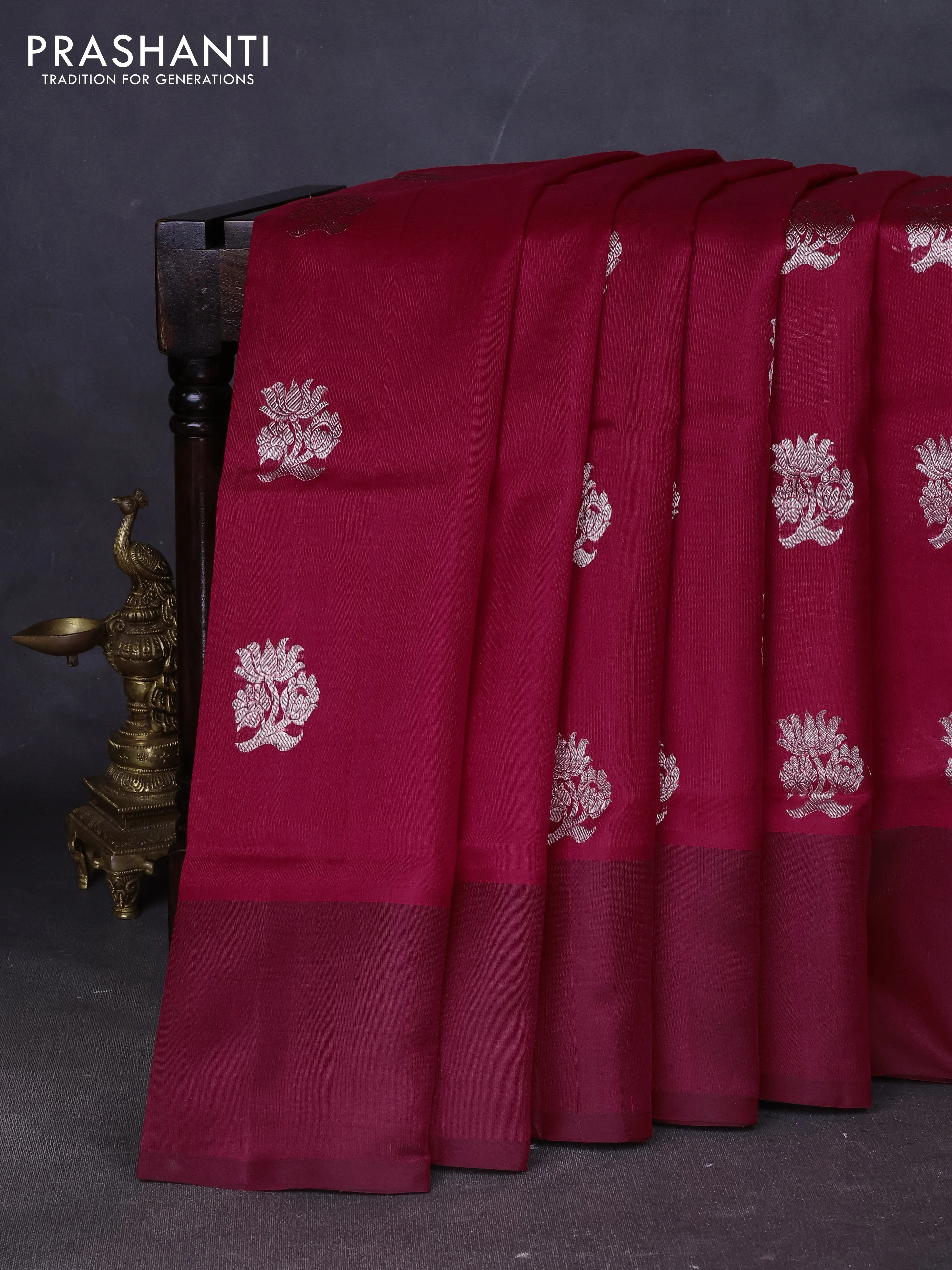 Venkatagiri silk saree red and maroon with silver zari woven floral buttas and simple border
