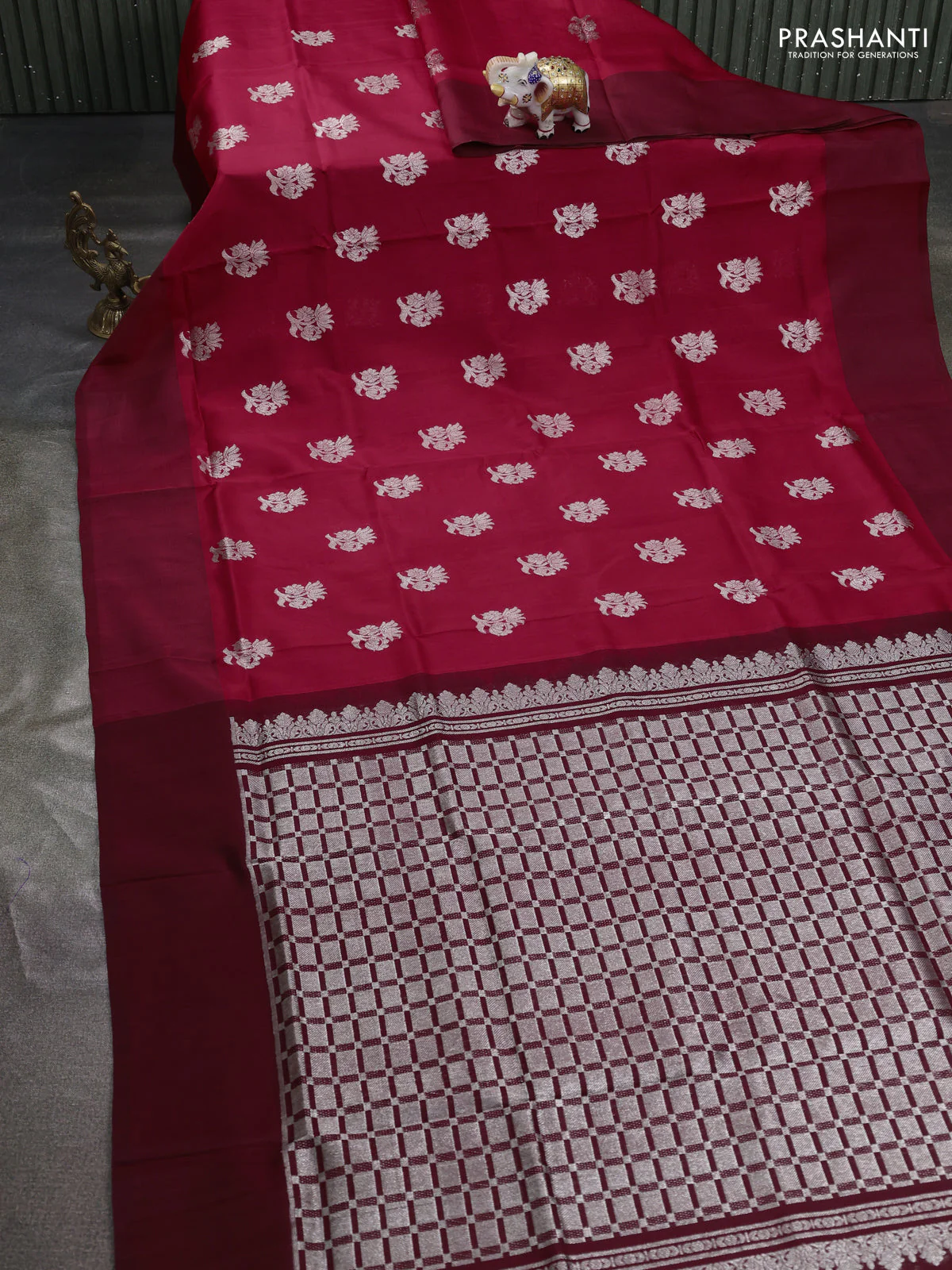 Venkatagiri silk saree red and maroon with silver zari woven floral buttas and simple border - Image 2
