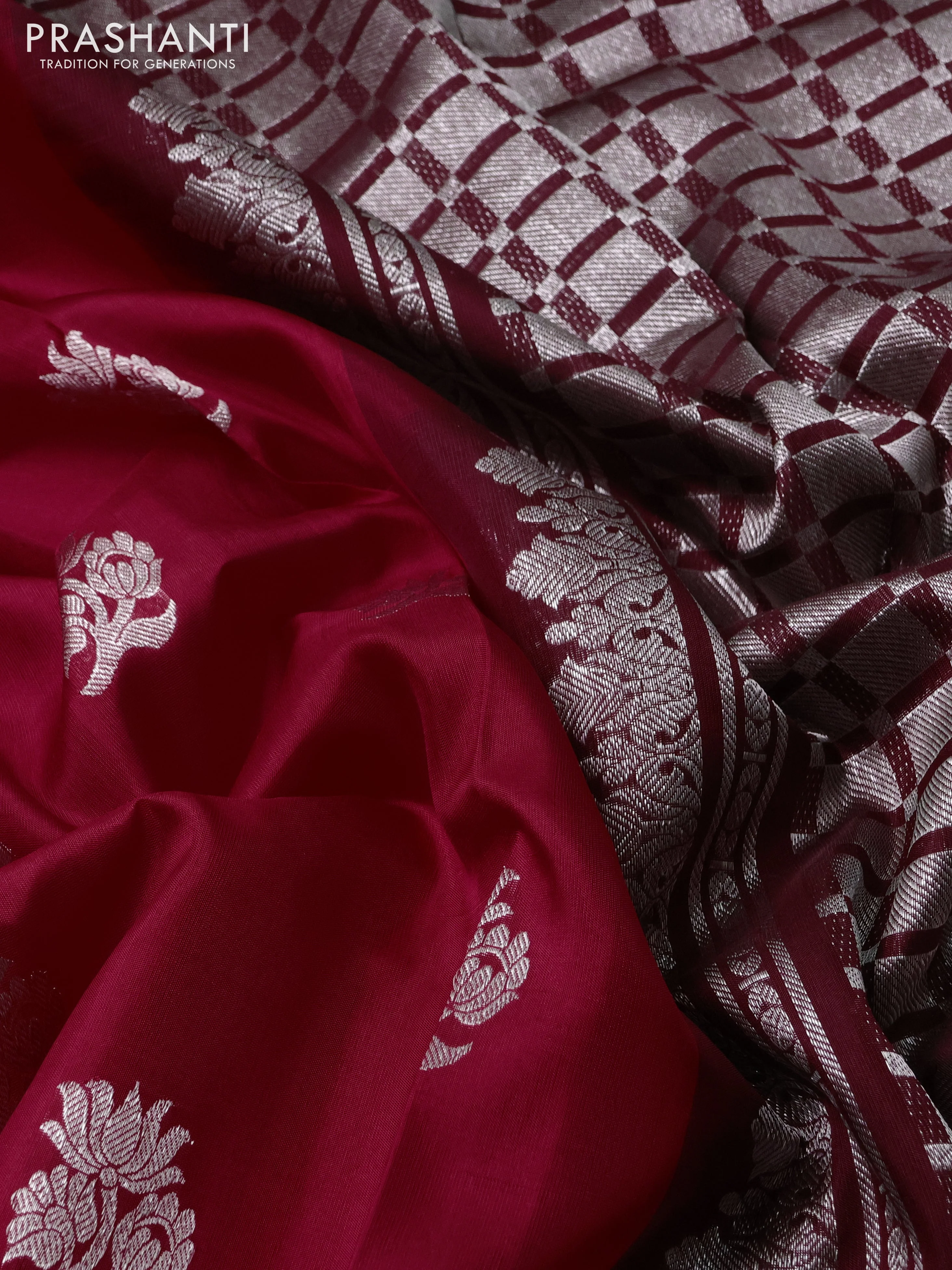 Venkatagiri silk saree red and maroon with silver zari woven floral buttas and simple border - Image 3