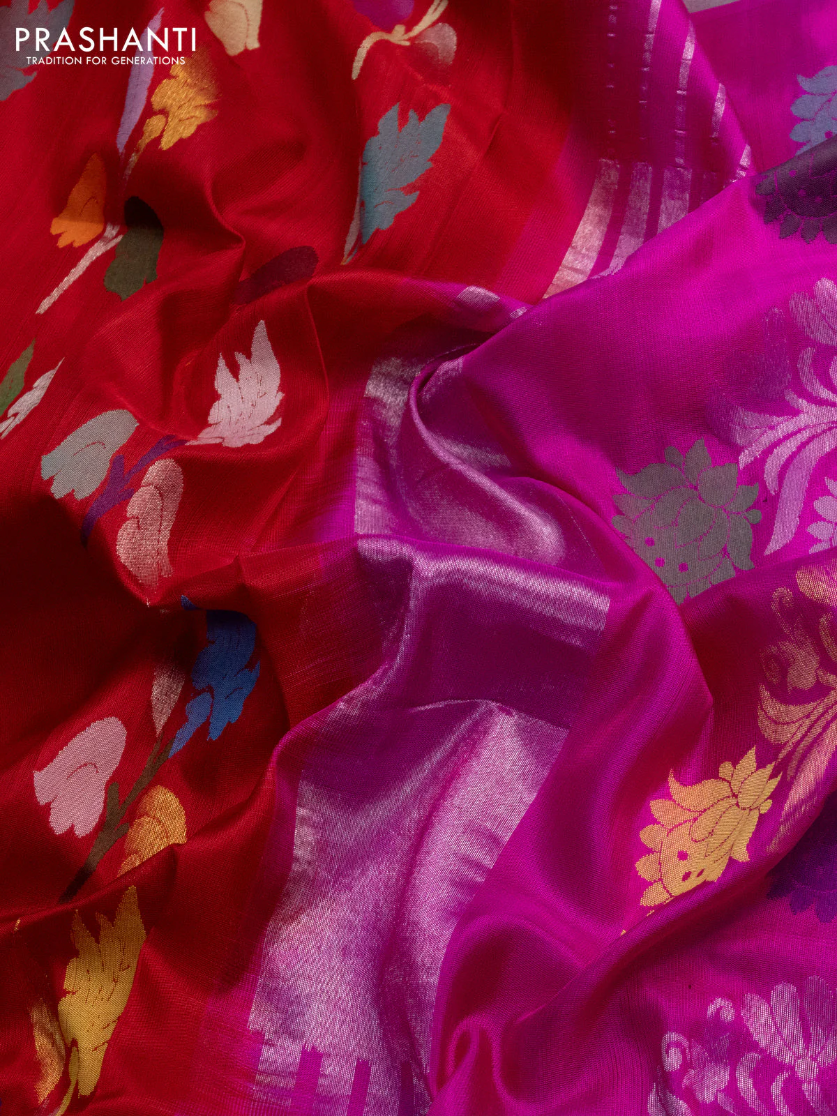 Venkatagiri silk saree red and pink with allover jamdani weaves and silver zari woven border - Image 3