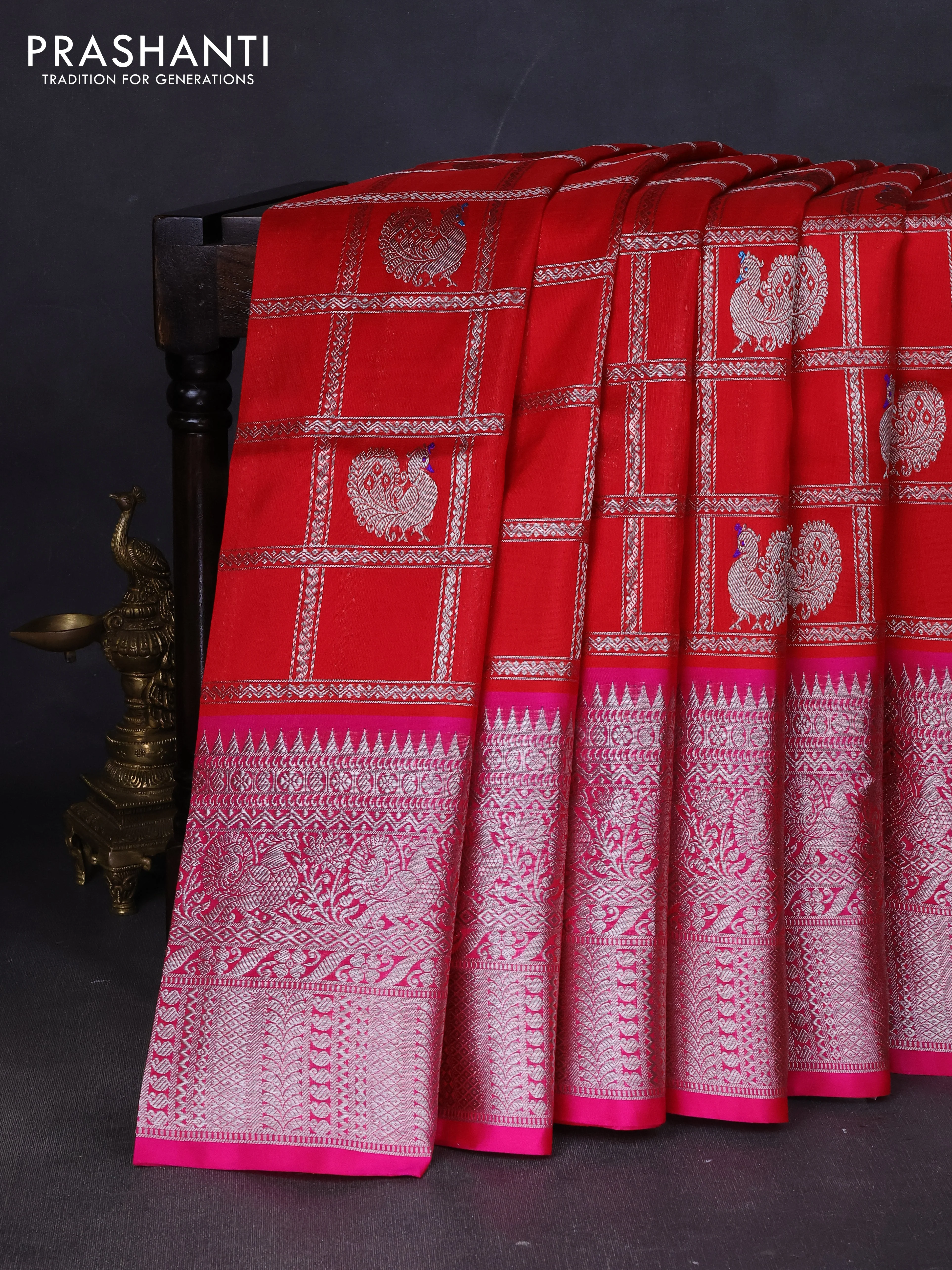 Venkatagiri silk saree red and pink with allover silver zari checks & annam buttas and long silver zari woven border