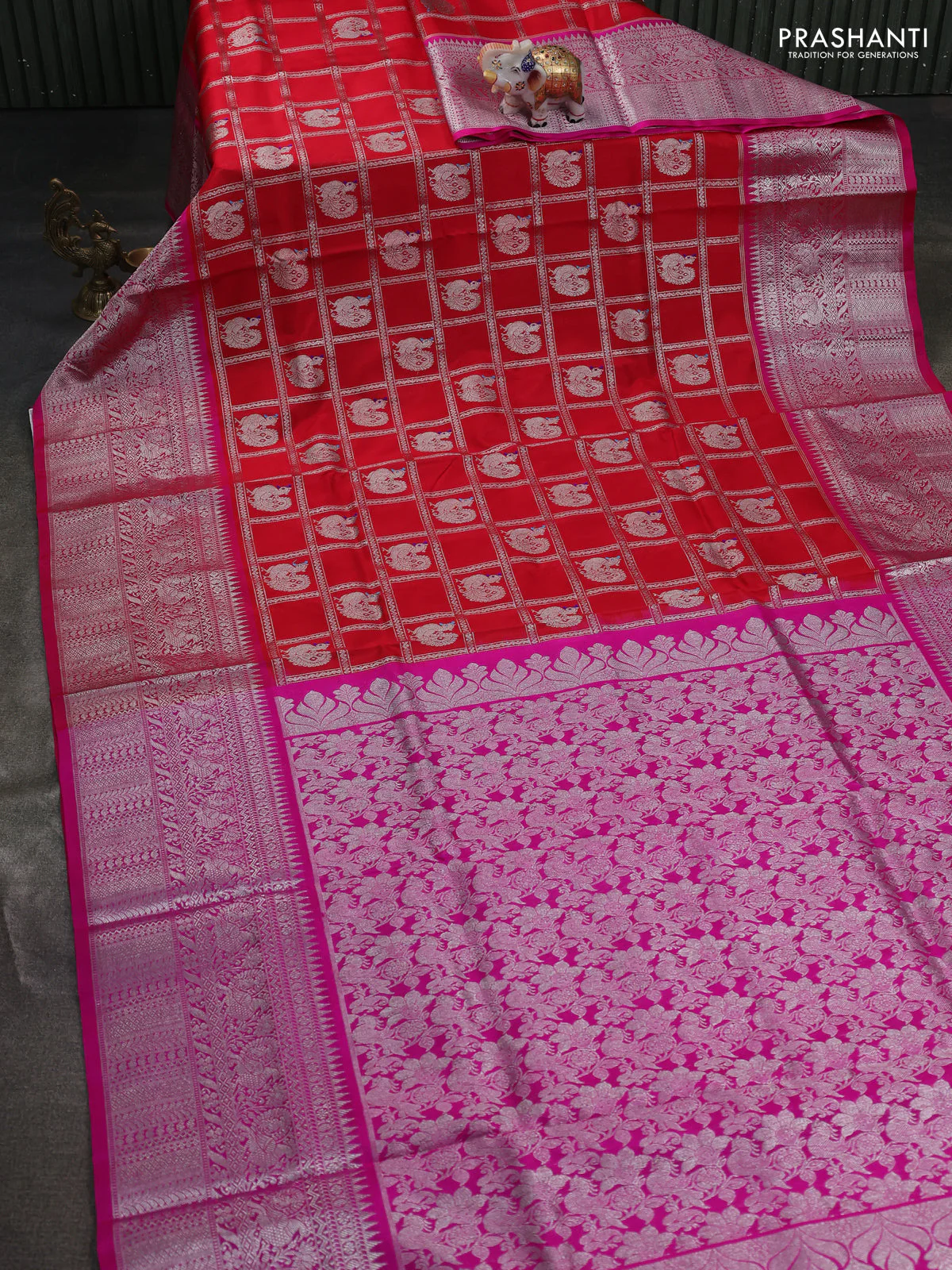 Venkatagiri silk saree red and pink with allover silver zari checks & annam buttas and long silver zari woven border - Image 2