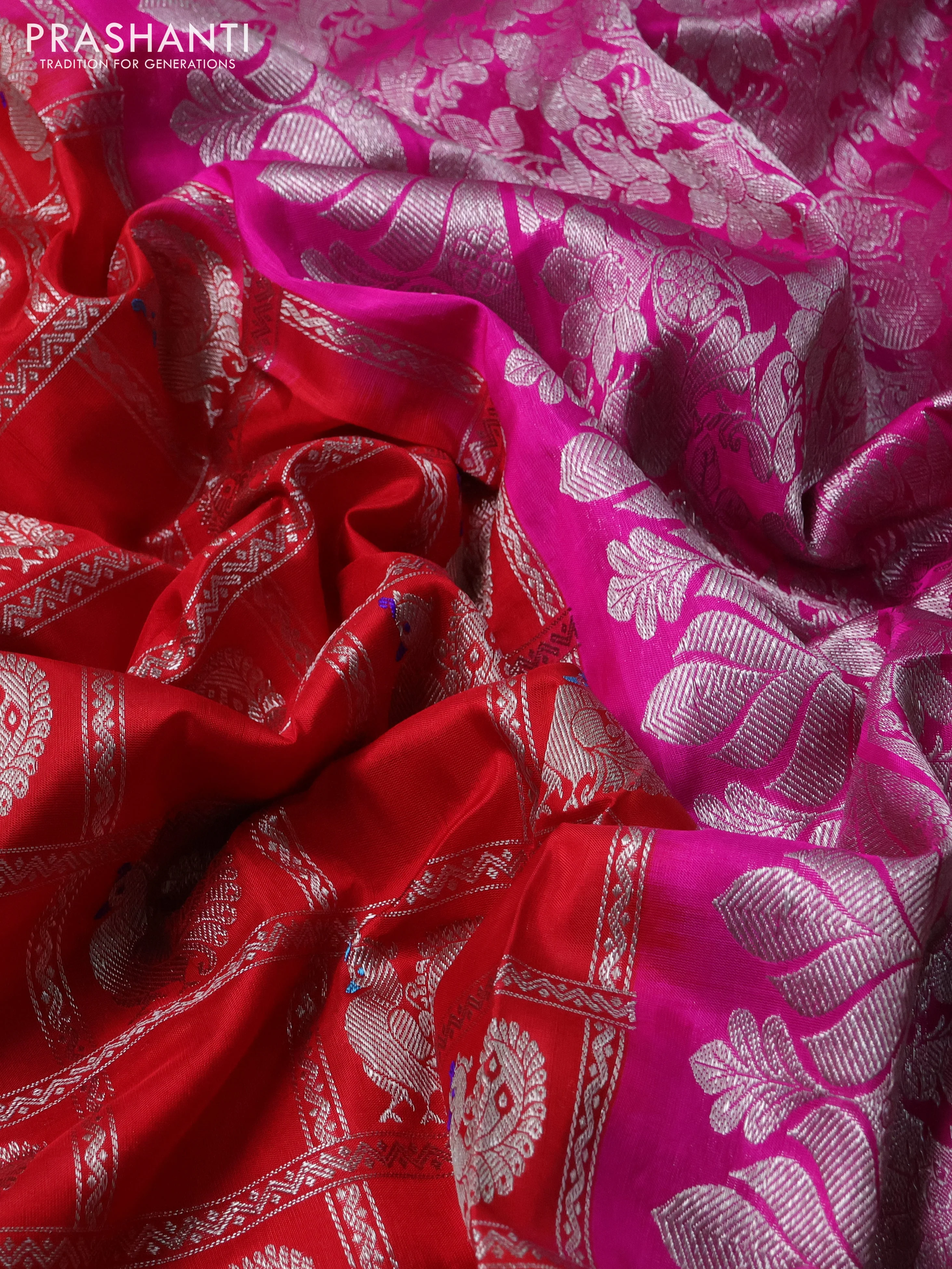Venkatagiri silk saree red and pink with allover silver zari checks & annam buttas and long silver zari woven border - Image 3