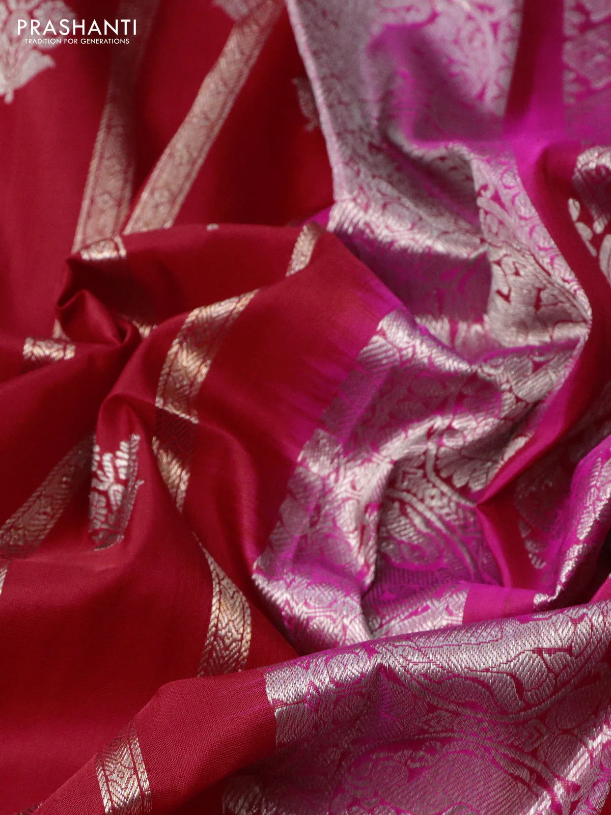 Venkatagiri silk saree red and pink with allover zari weaves & buttas and long silver zari woven border - Image 3