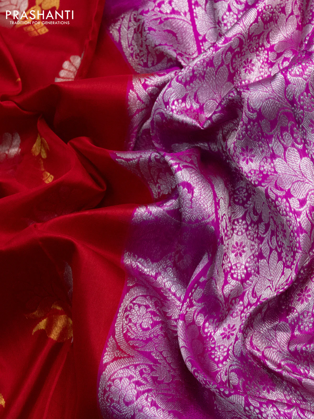 Venkatagiri silk saree red and pink with silver & gold zari woven buttas and long silver zari woven border - Image 3
