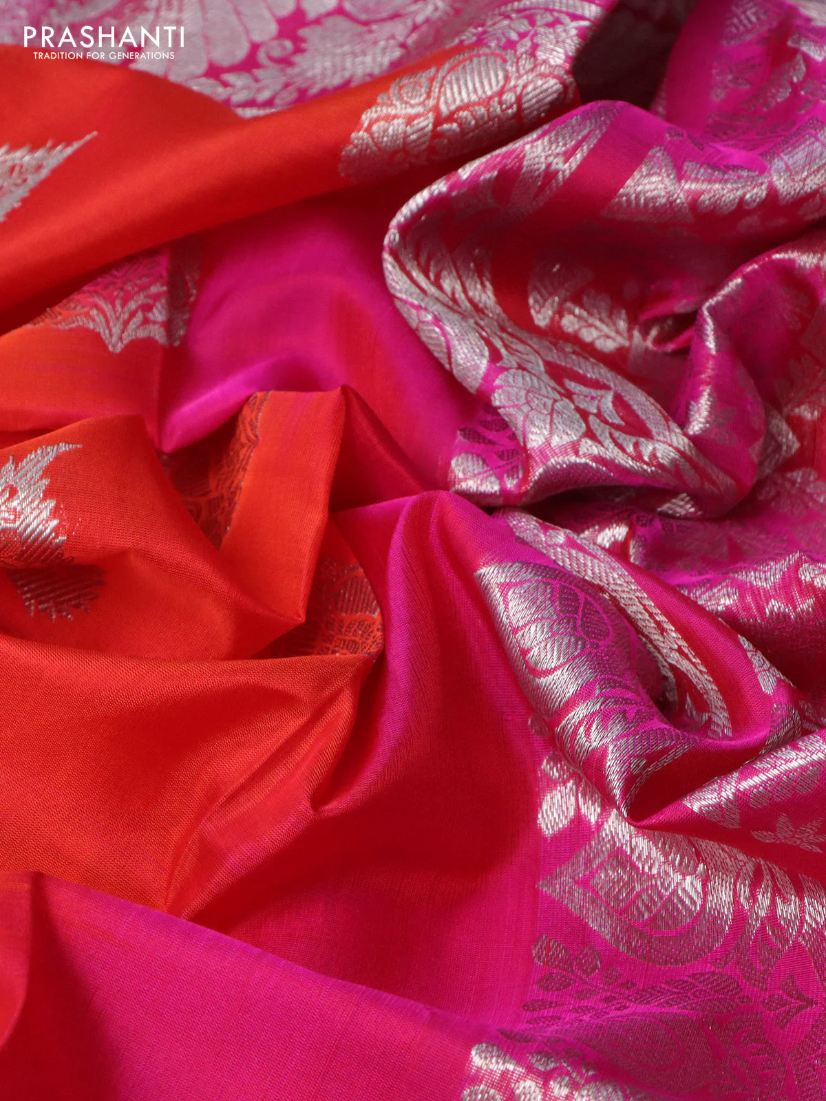 Venkatagiri silk saree red and pink with silver zari woven buttas and long silver zari woven border - Image 3