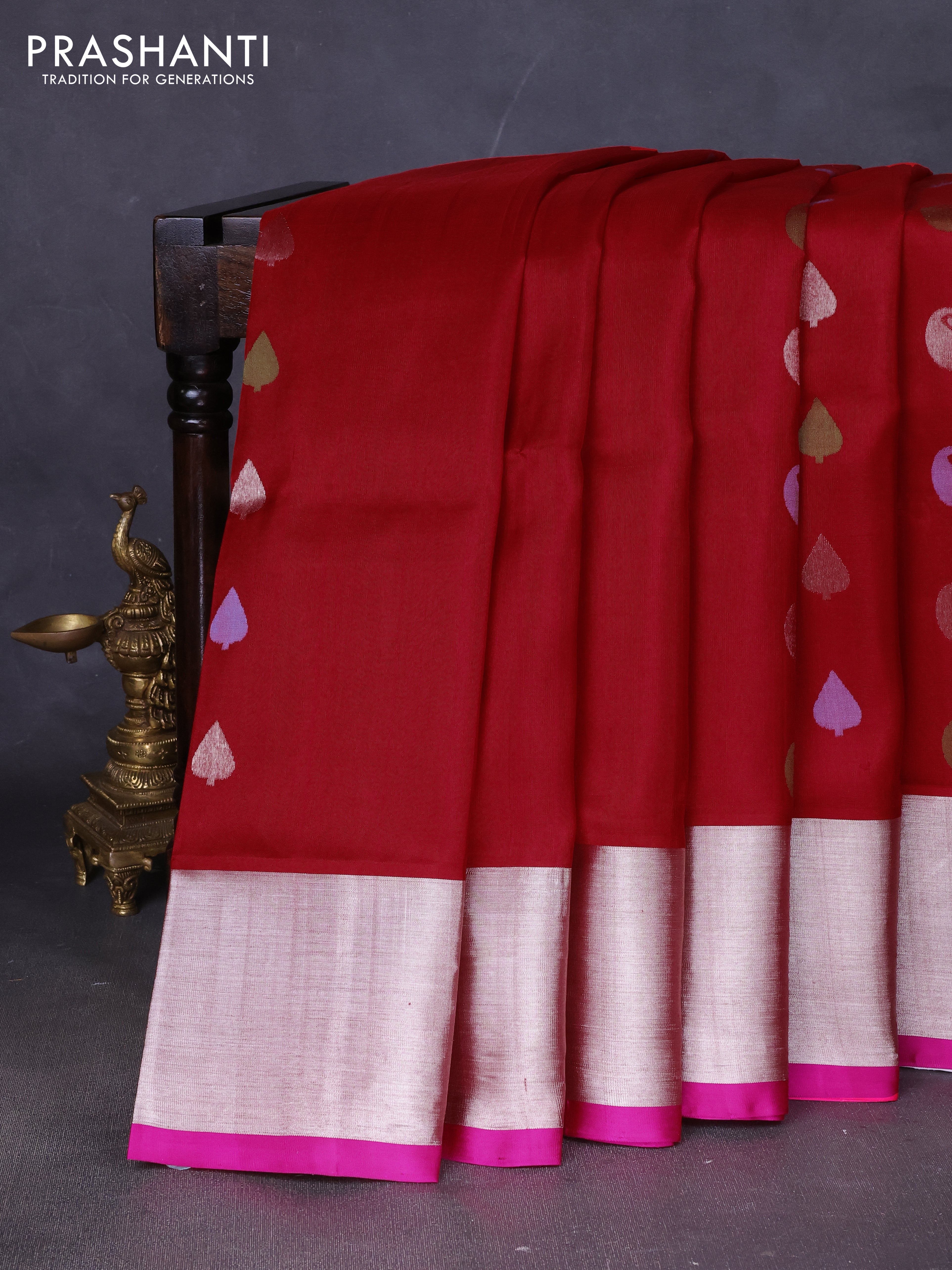 Venkatagiri silk saree red and pink with thread & silver zari woven buttas and silver zari woven border