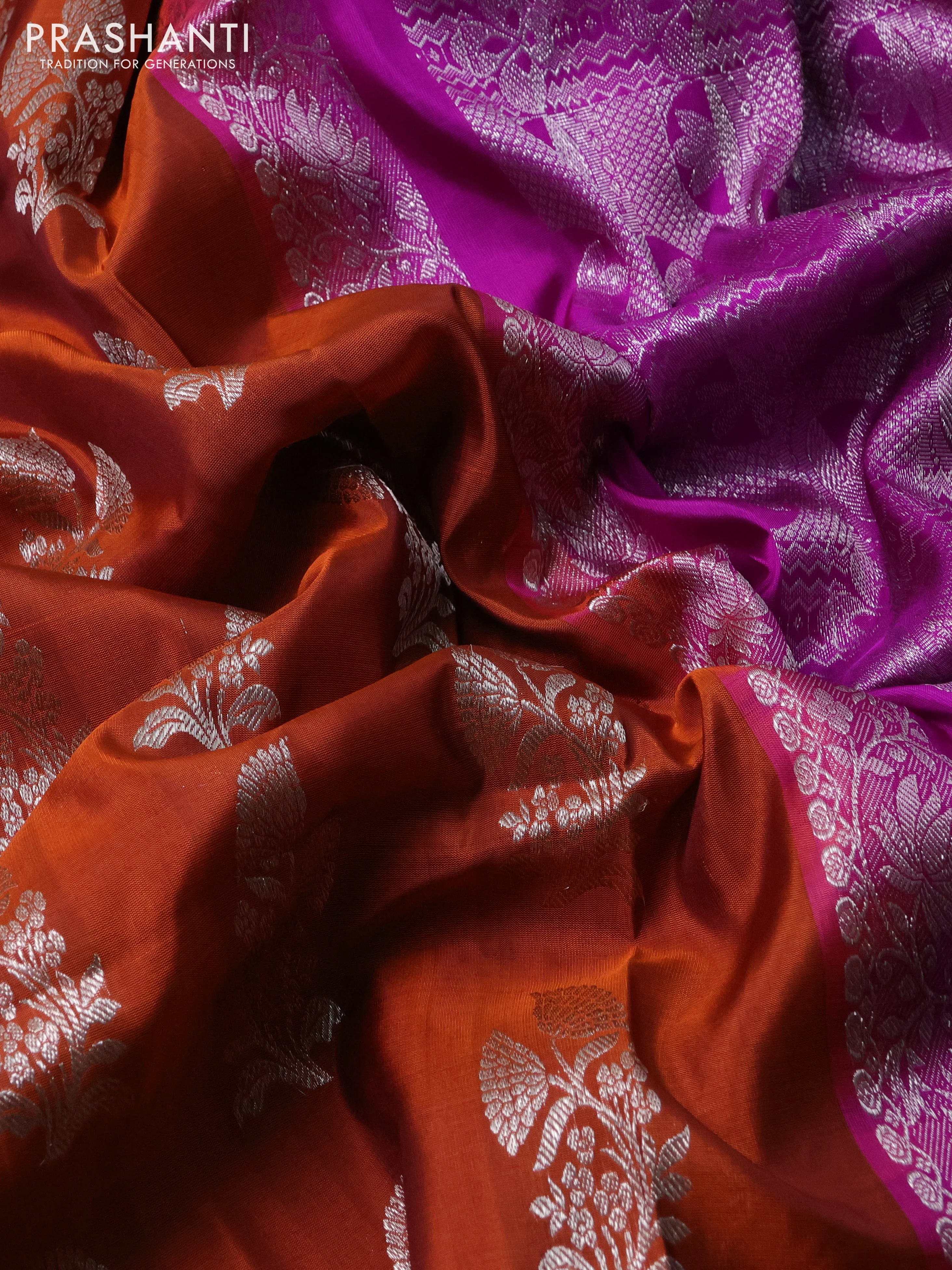 Venkatagiri silk saree rust shade and purple with silver zari woven floral buttas in borderless style - Image 3