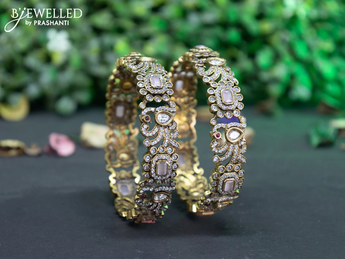 Victorian bangle peacock design with baby pink and cz stones - Image 2