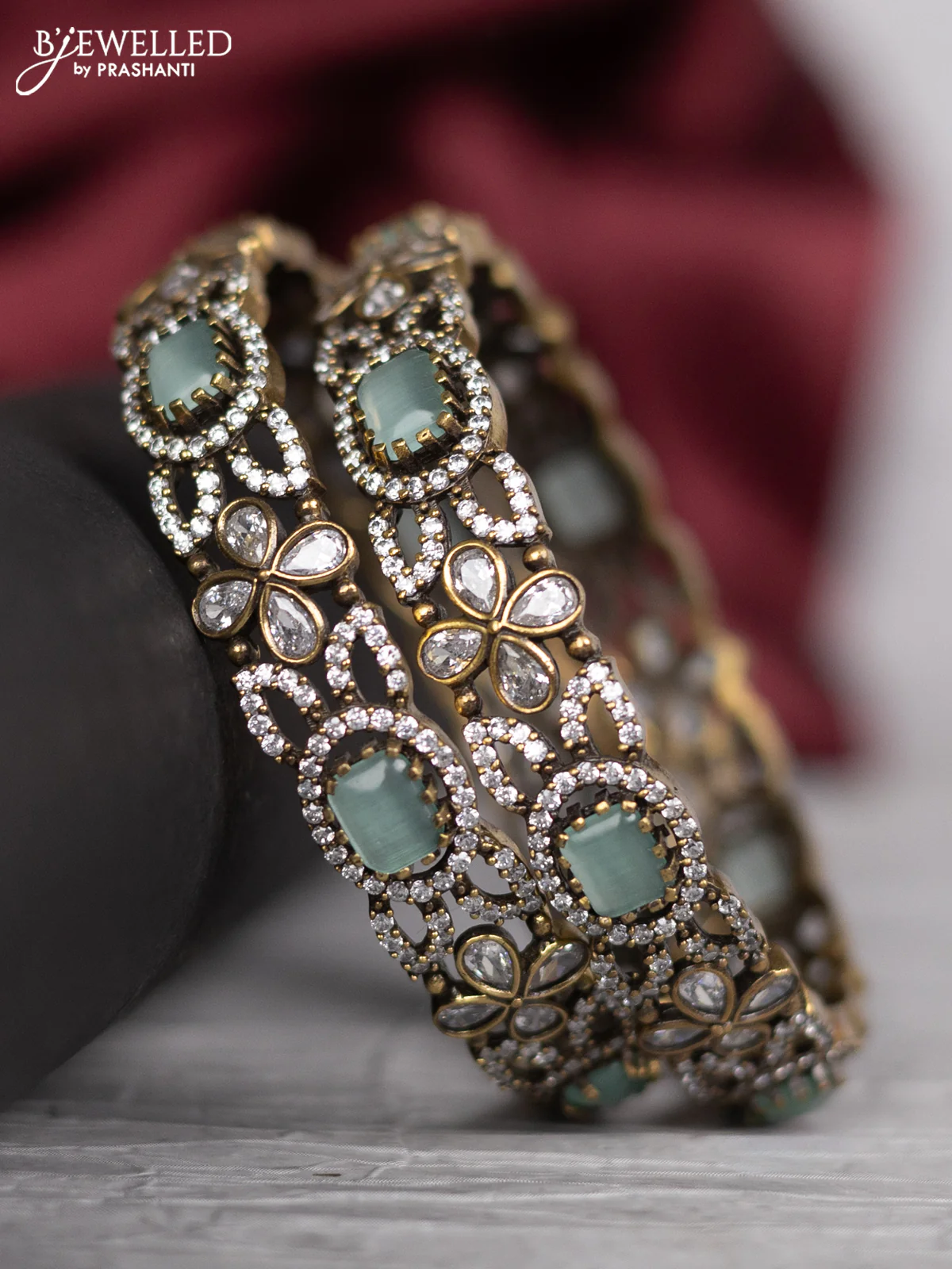 Victorian finish bangle floral design with mint green and cz stones