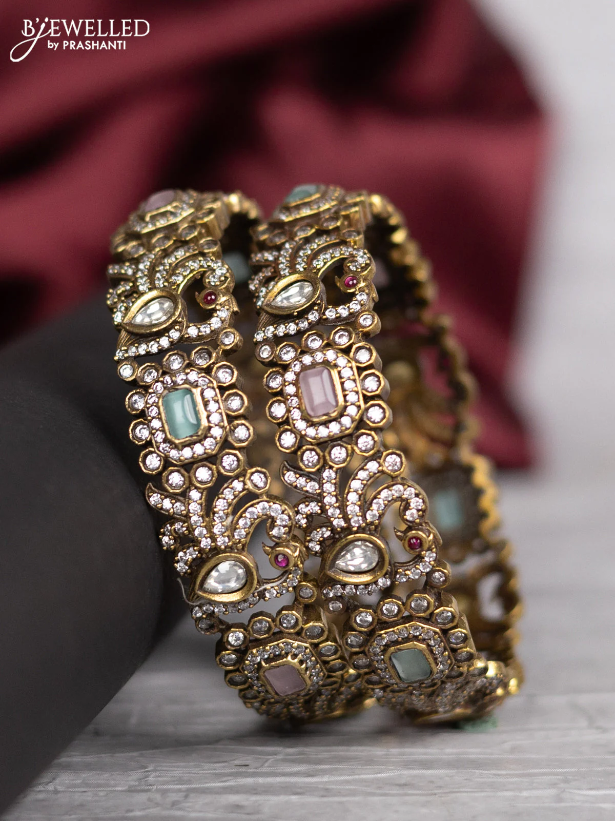 Victorian finish bangle peacock design with mint green & baby pink and cz stones