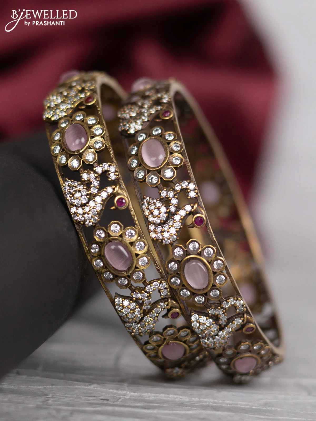 Victorian finish bangle swan design with baby pink and cz stones