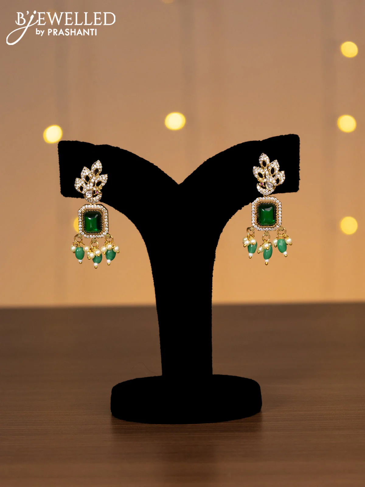 Victorian finish choker peacock design with emerald & cz stones and beads hanging - Image 2