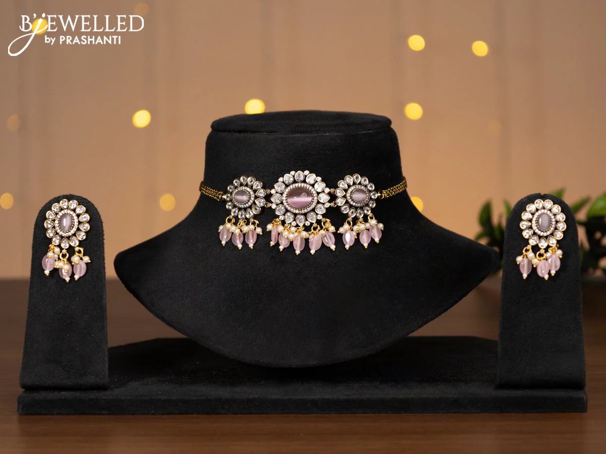 Victorian finish choker with baby pink & cz stones and beads hanging