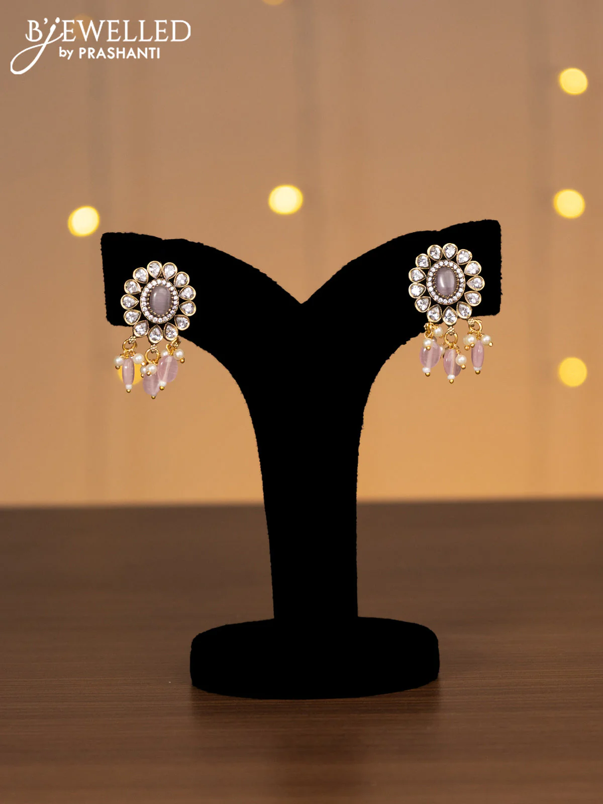 Victorian finish choker with baby pink & cz stones and beads hanging - Image 2