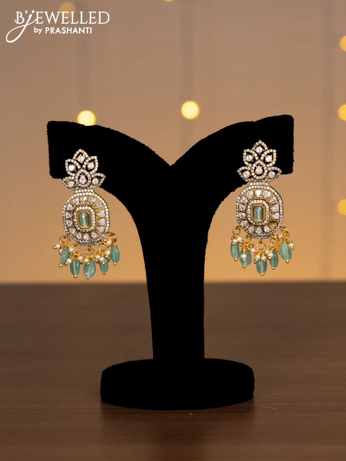Victorian finish choker with mint green & kundan stones and beads hanging - Image 2