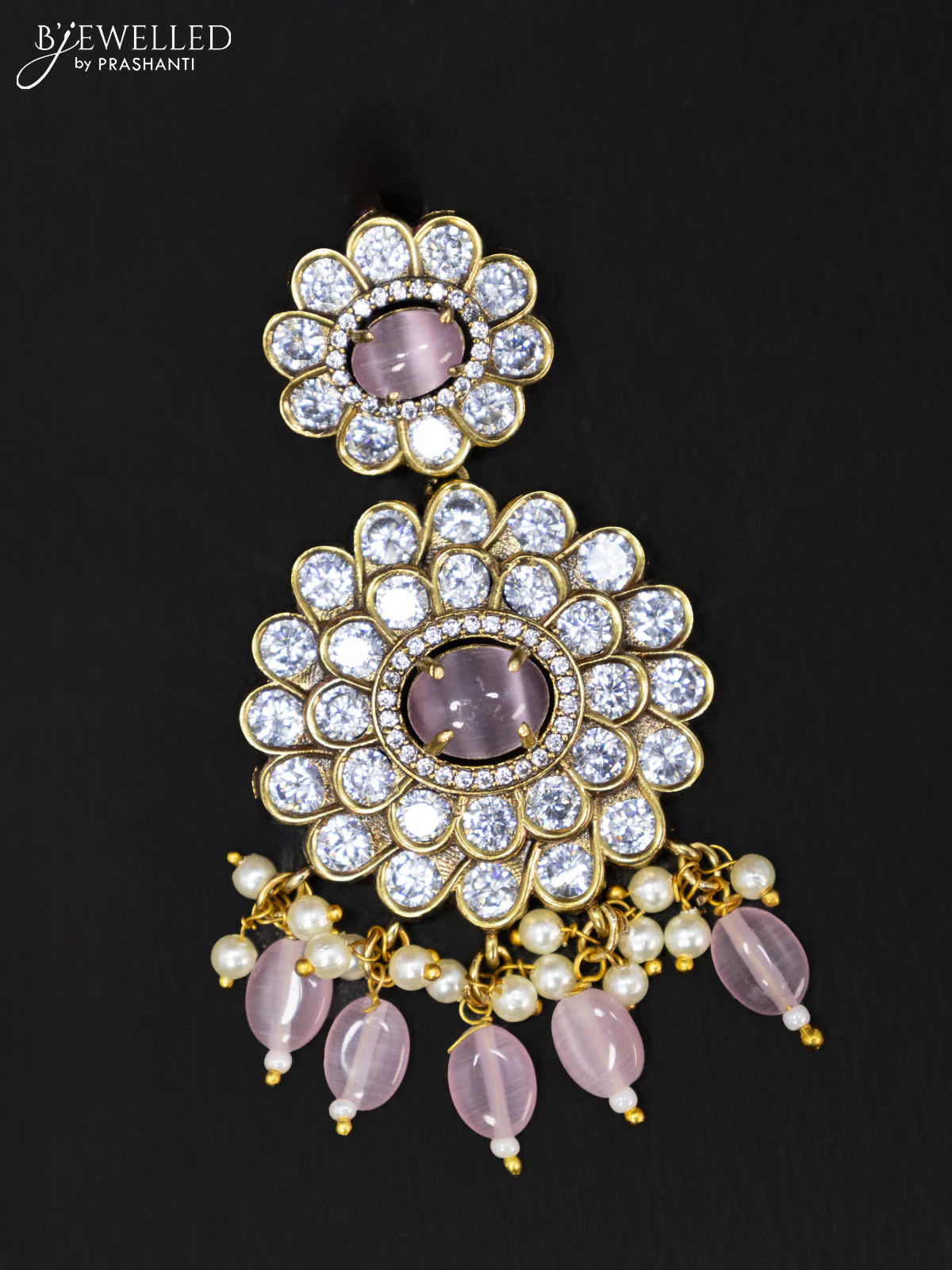 Victorian finish pendant set floral design with baby pink & cz stones and beads hanging - Image 3