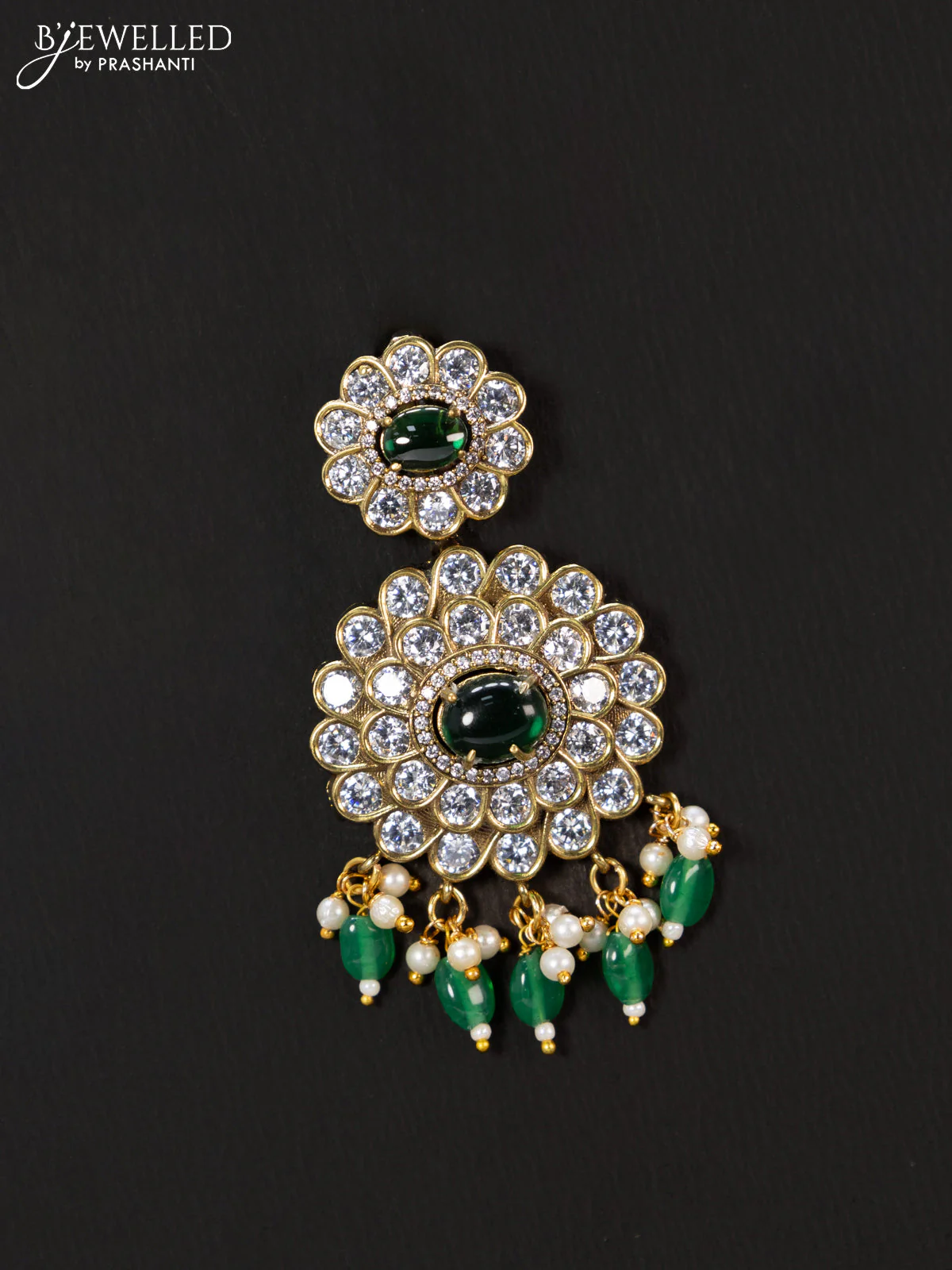Victorian finish pendant set floral design with emerald & cz stones and beads hanging - Image 3