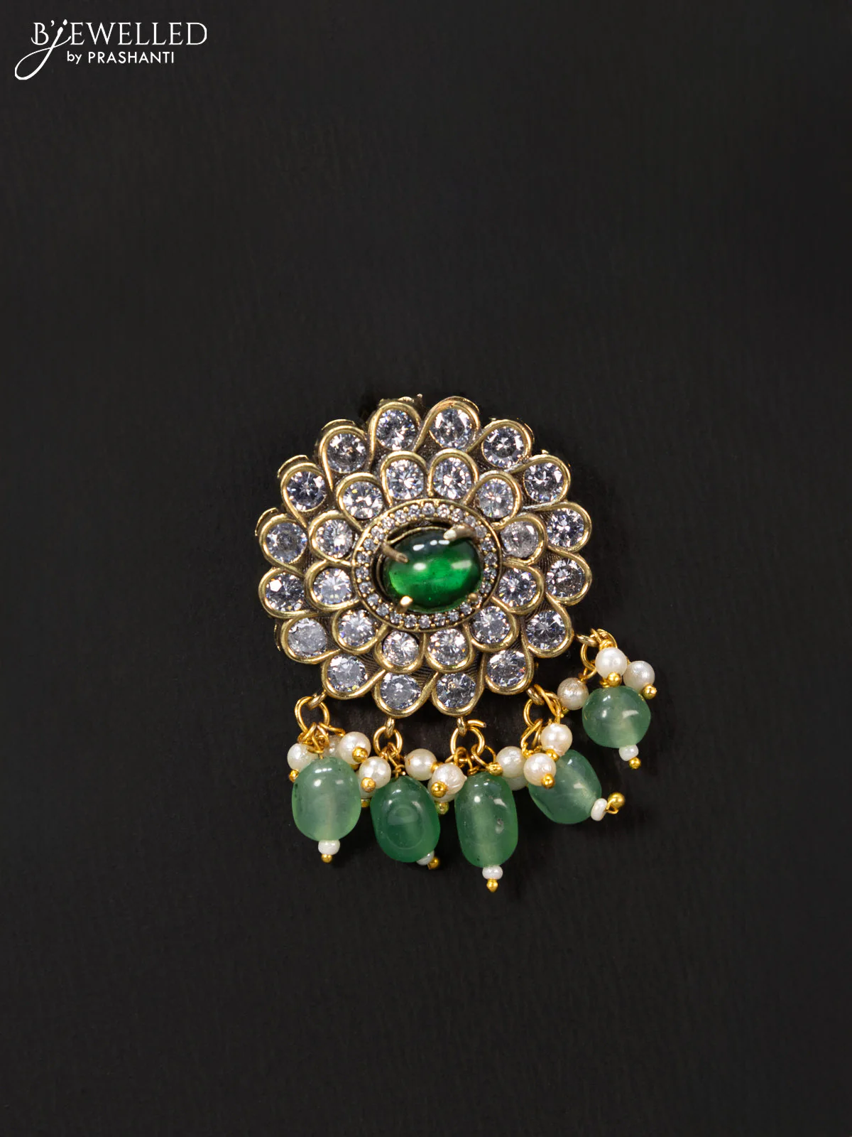 Victorian finish pendant set floral design with emerald & cz stones and beads hanging - Image 3