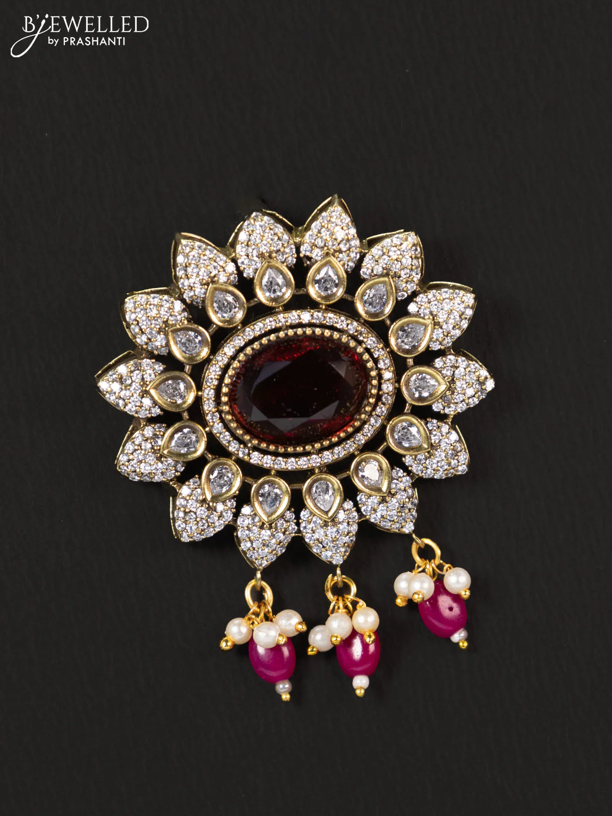 Victorian finish pendant set floral design with ruby & cz stones and beads hanging - Image 3