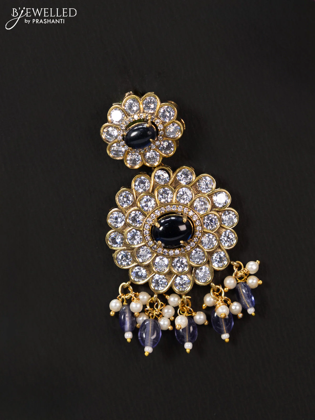Victorian finish pendant set floral design with sapphire & cz stones and beads hanging - Image 3