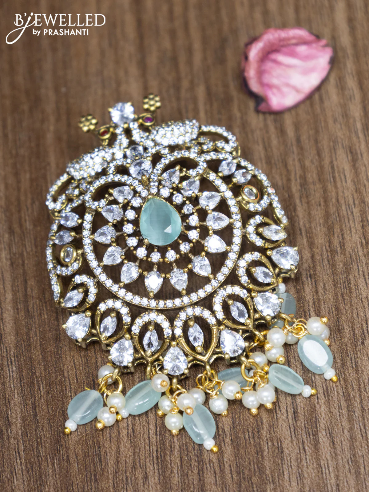 Victorian finish pendant set peacock design with mint green & cz stones and beads hanging - Image 2