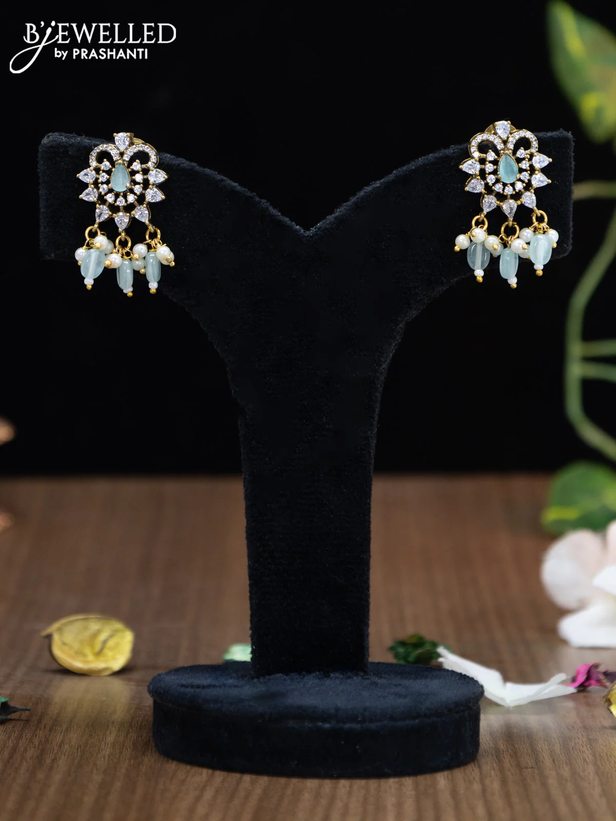 Victorian finish pendant set peacock design with mint green & cz stones and beads hanging - Image 3