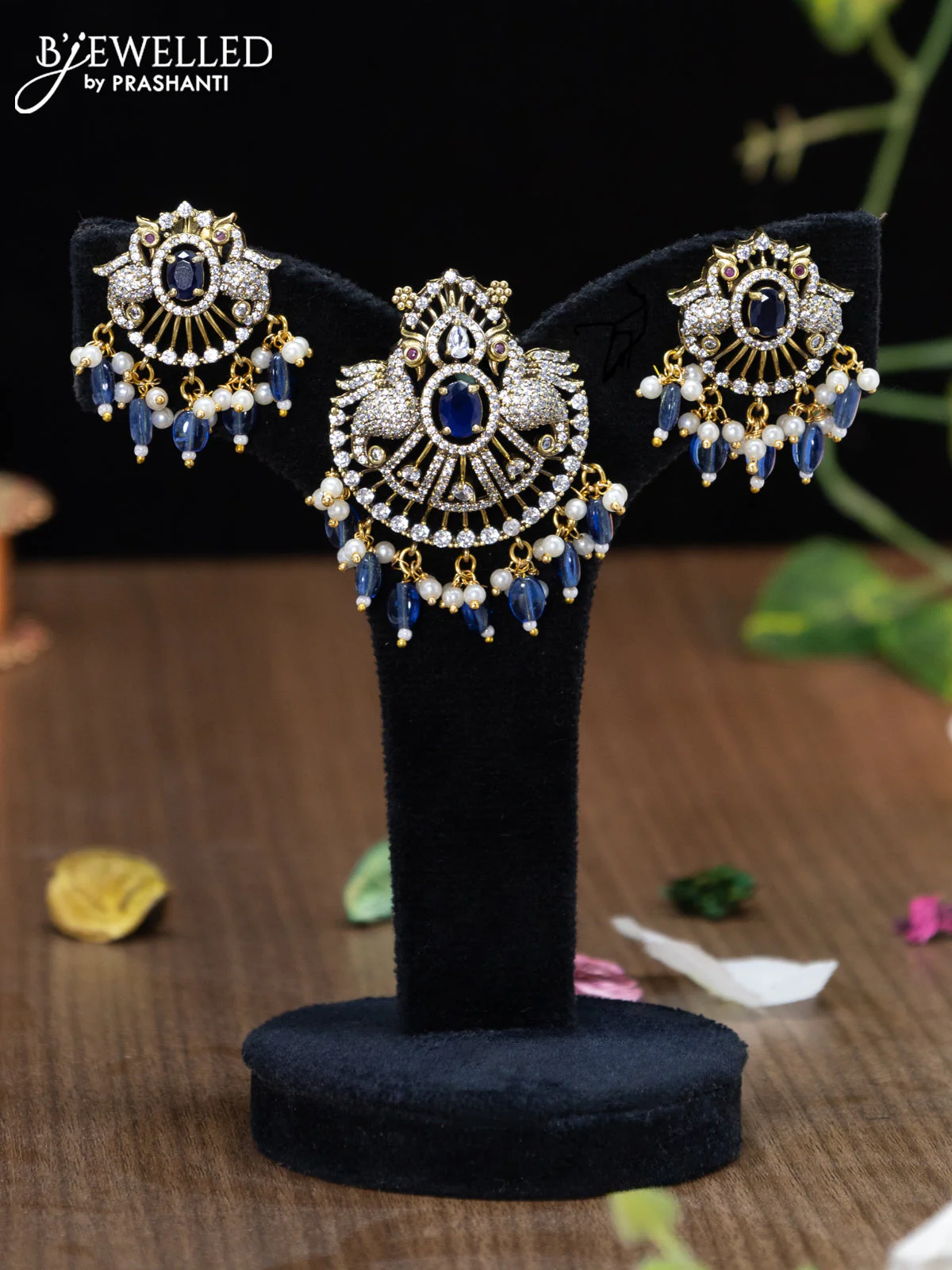 Victorian finish pendant set peacock design with sapphire & cz stones and beads hanging