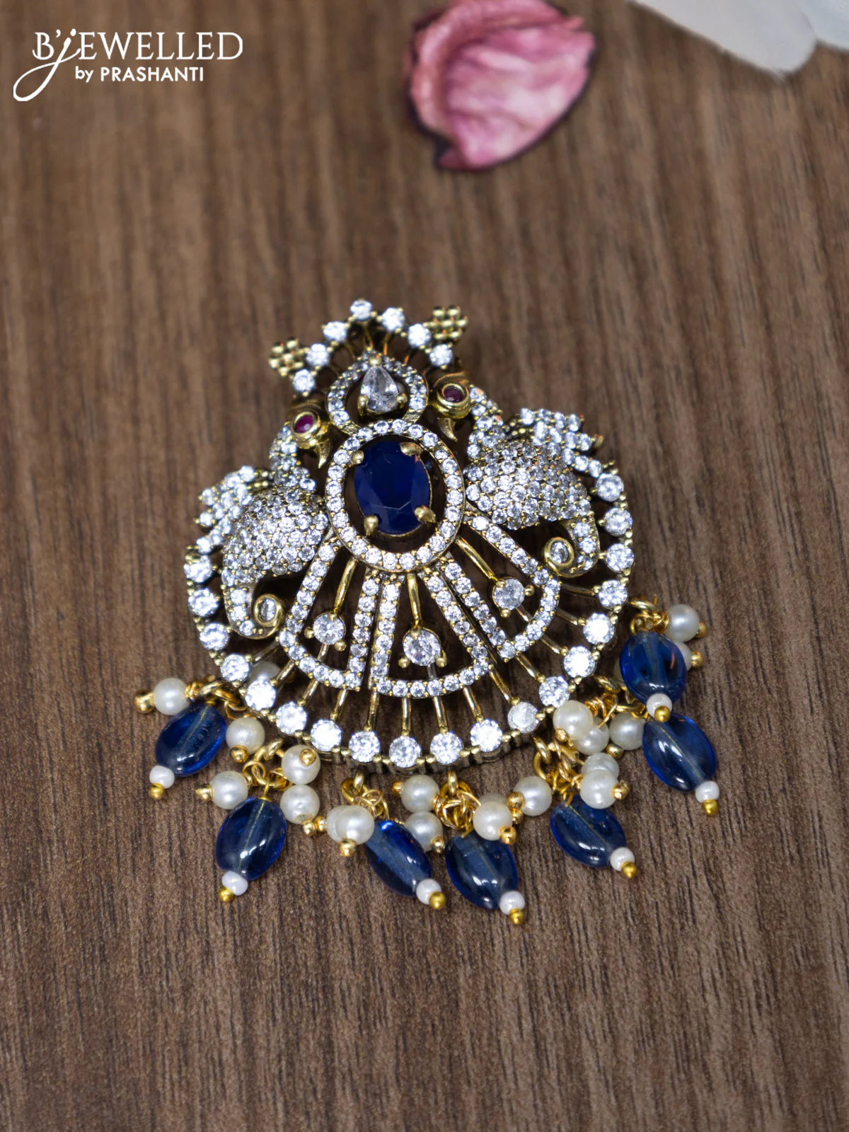 Victorian finish pendant set peacock design with sapphire & cz stones and beads hanging - Image 2