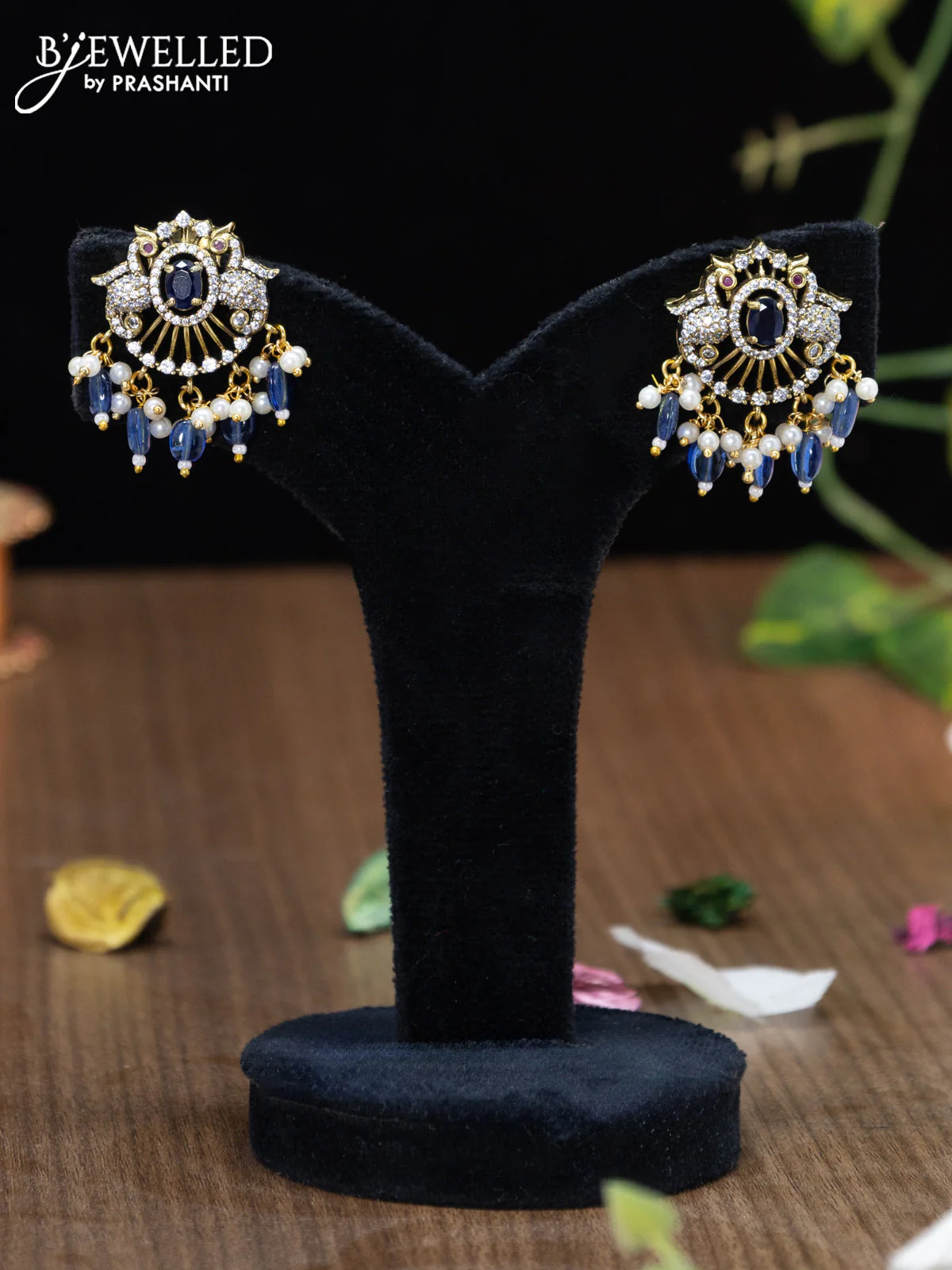 Victorian finish pendant set peacock design with sapphire & cz stones and beads hanging - Image 3