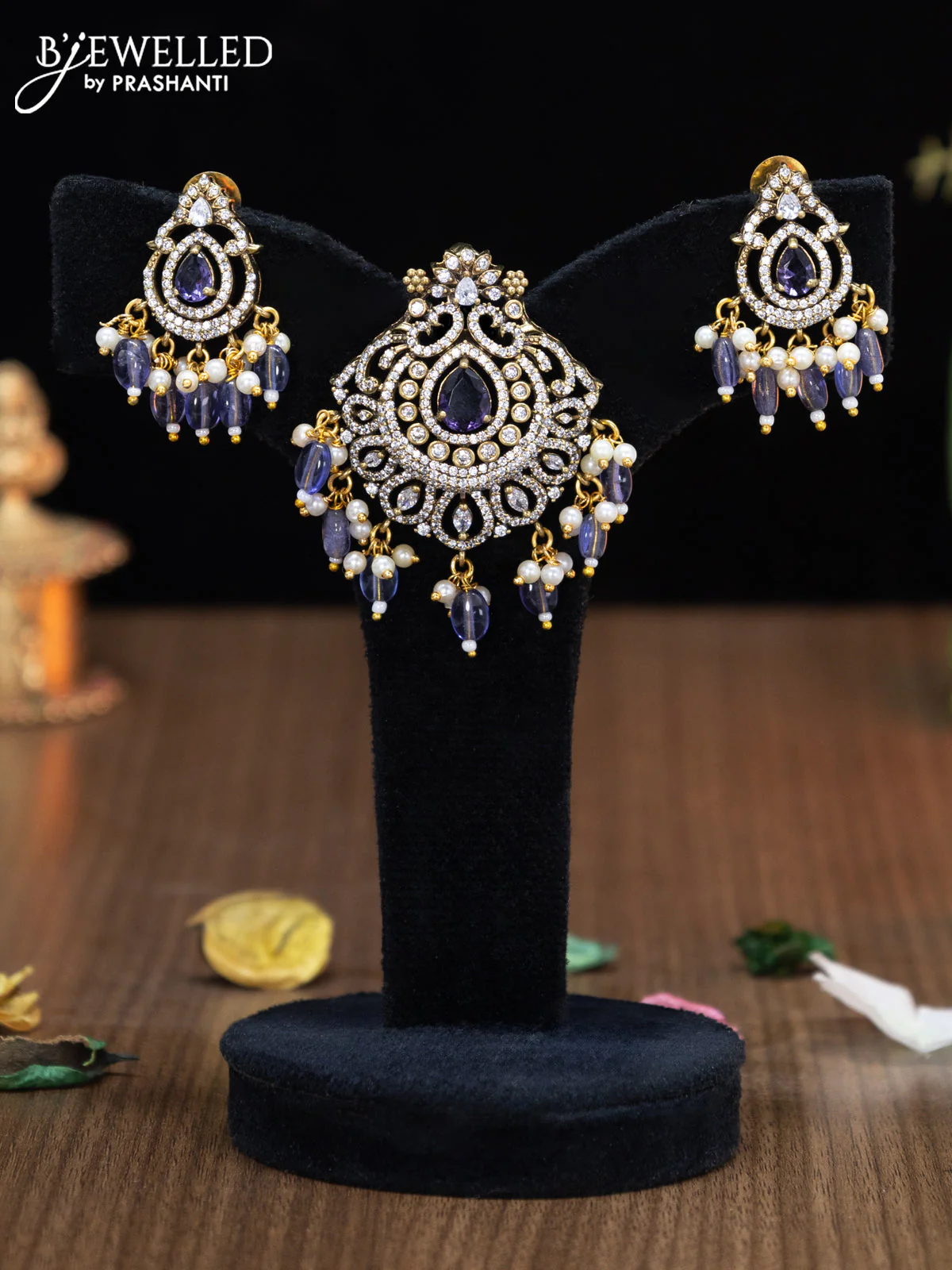 Victorian finish pendant set with sapphire & cz stones and beads hangings