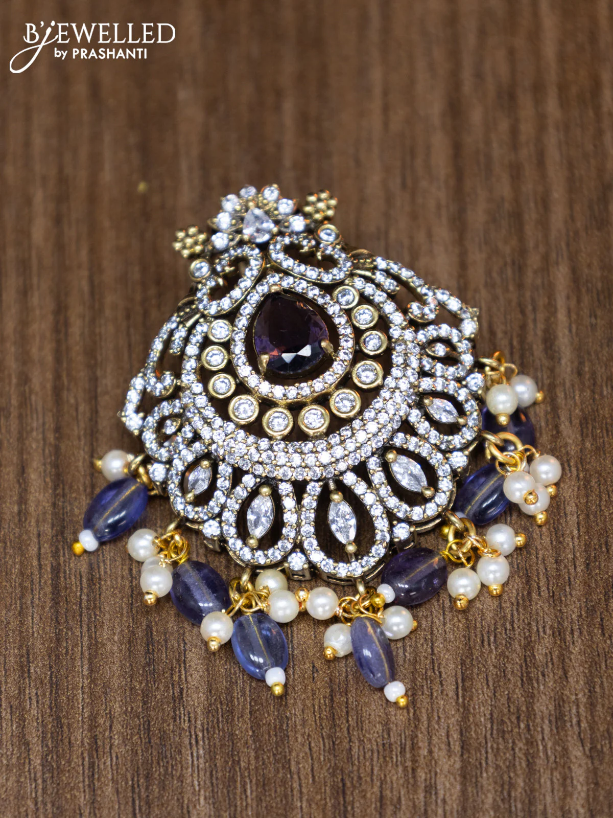 Victorian finish pendant set with sapphire & cz stones and beads hangings - Image 2